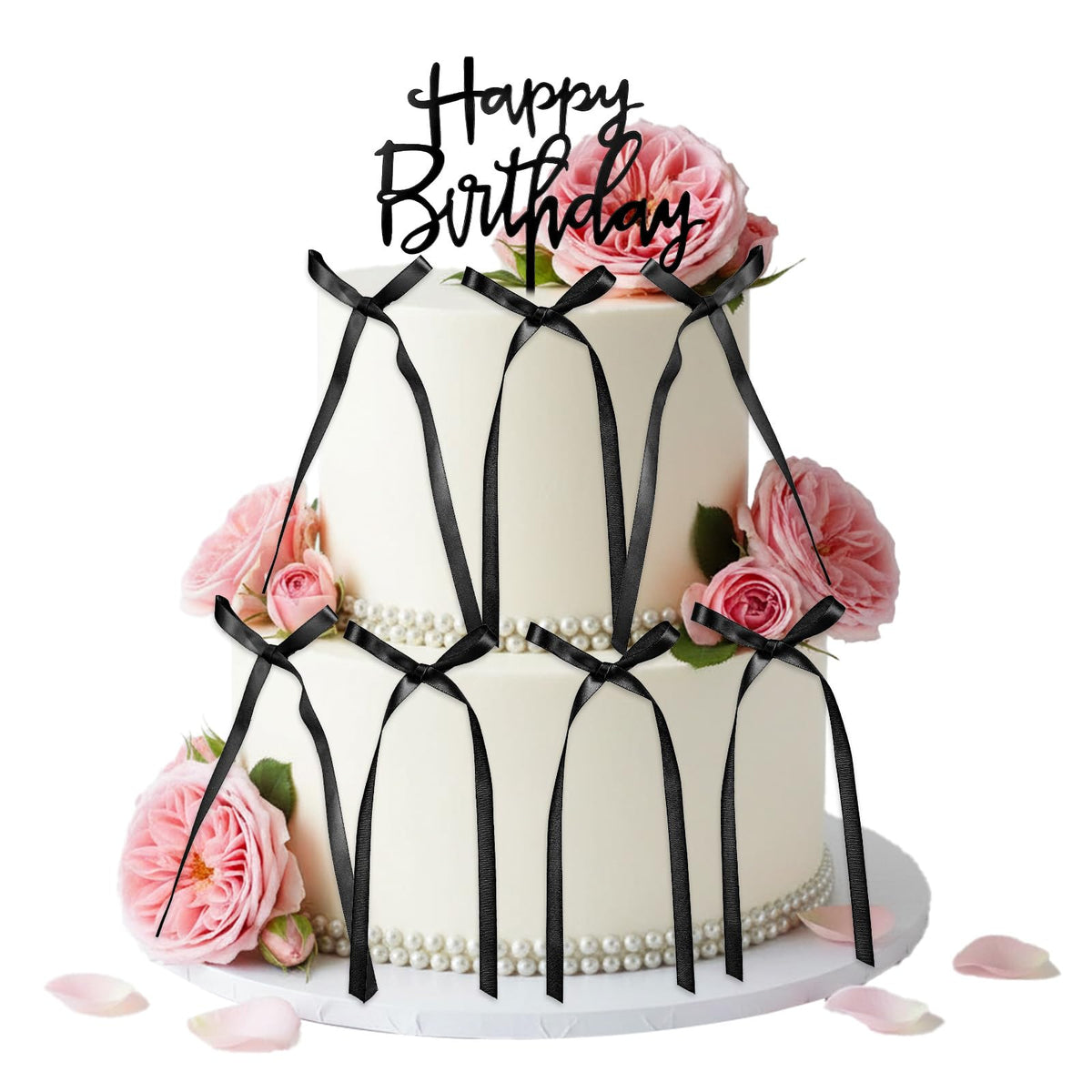 Pack of 7 Black Bows Cake Decoration, Bows Decoration Birthday Cake Decoration Retro Black Birthday Decoration Happy Birthday Cake Decoration Wedding for Birthday Anniversary Cake Cupcakes (Black)