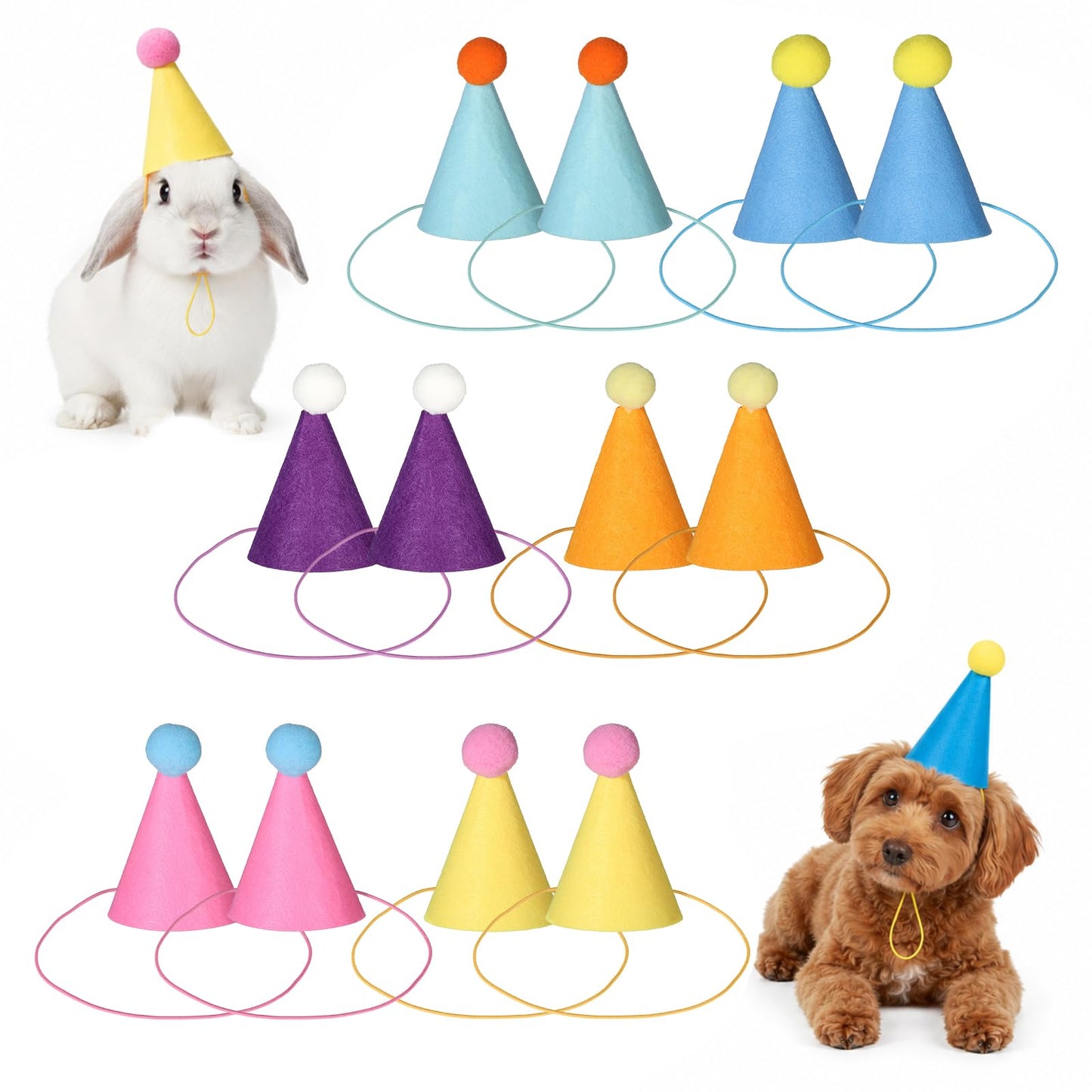 Falzqq 12 Mini Party Hats for Cuddly Toys, Small Party Hats, Colourful Birthday Hats for Dolls, Dogs, Cats, Rabbits and Small Pets