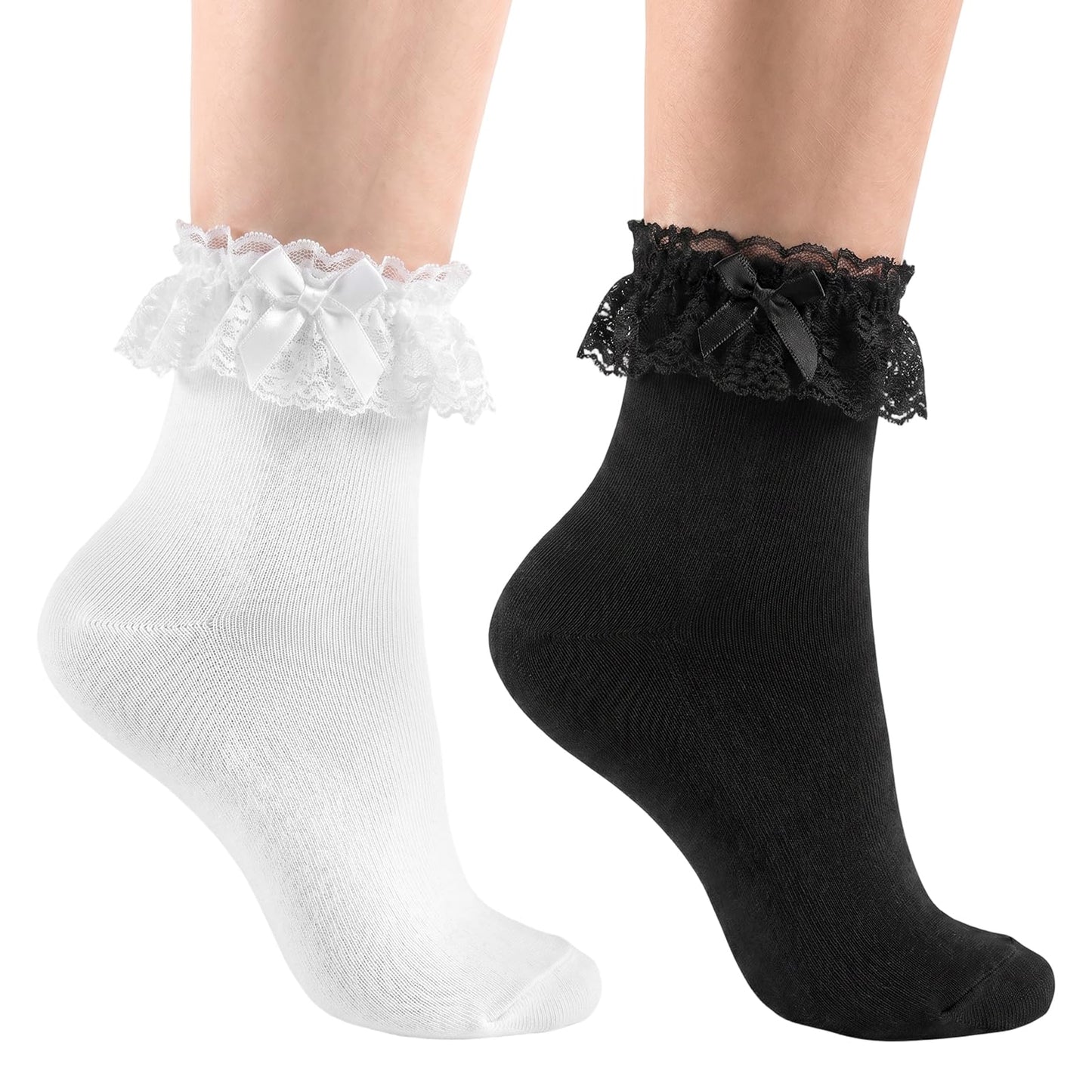 Falzqq 2 Pairs Lace Ruffle Frilly Ankle Socks for Women (White, Black)