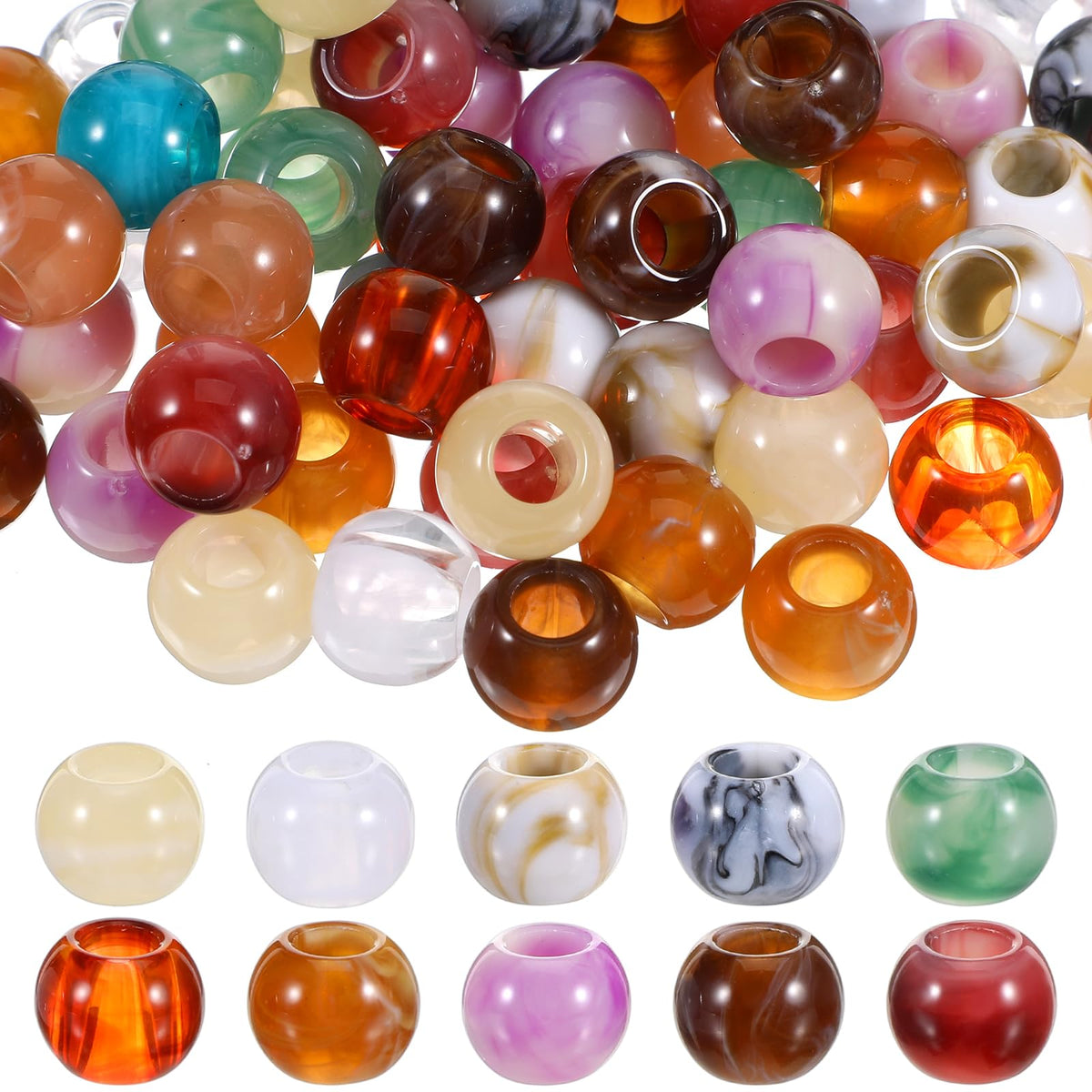 100Pcs Round Acrylic Large Hole Bead for Crafts (Holes: 6mm)