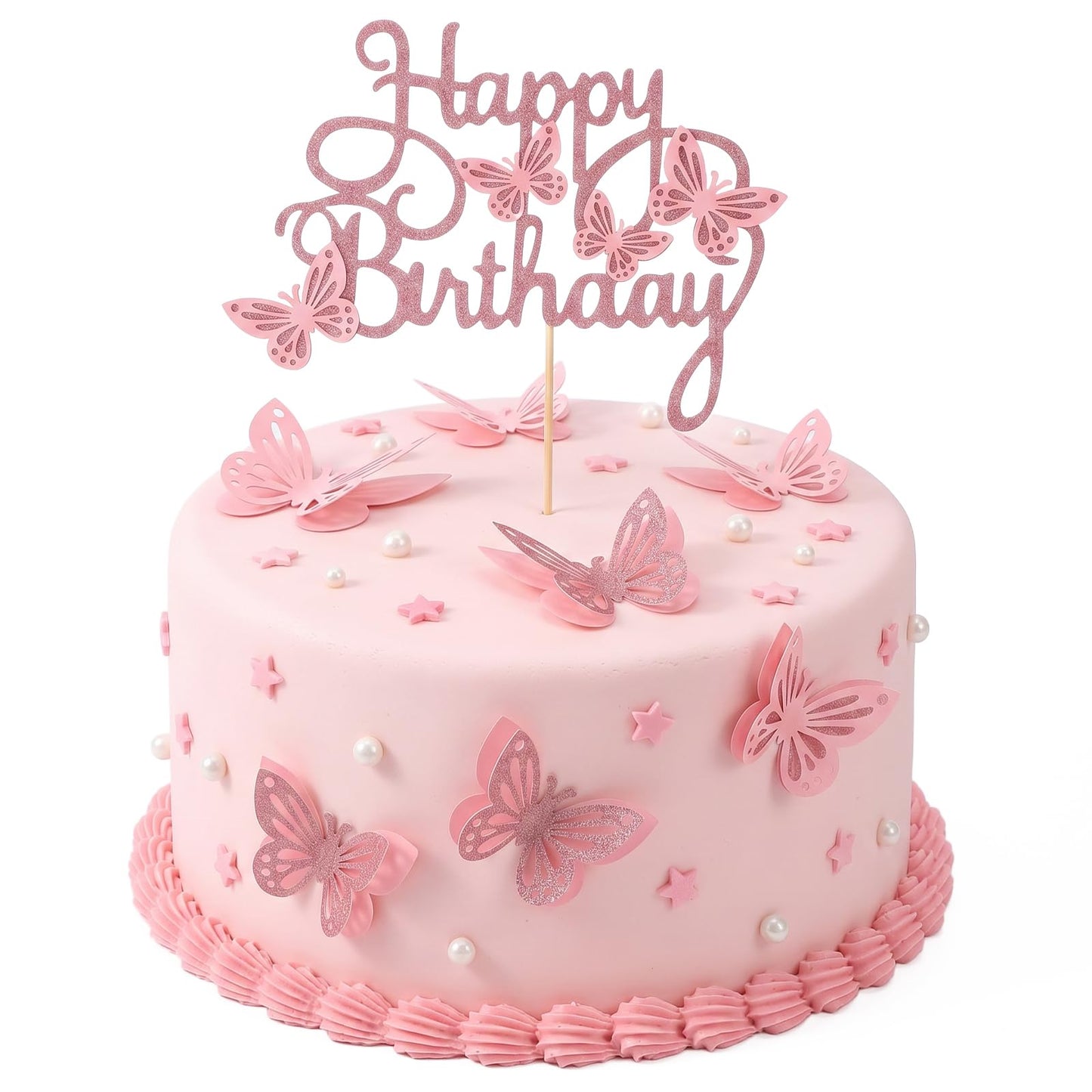 13Pcs 3D Butterfly Cake Toppers Set, Pink Butterfly Cake Decorations with Happy Birthday Sign for Cakes, Cupcakes, Desserts