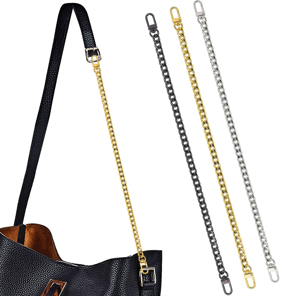 ASTER 3 Pieces Purse Chain Strap 40 CM / 16 Inch DIY Handbag Purse Strap Extender with Metal Buckles for Purse Handbags Wallet Clutch Shoulder Bag Replacement Strap (Gun Black, Silver, Gold-16 inch)