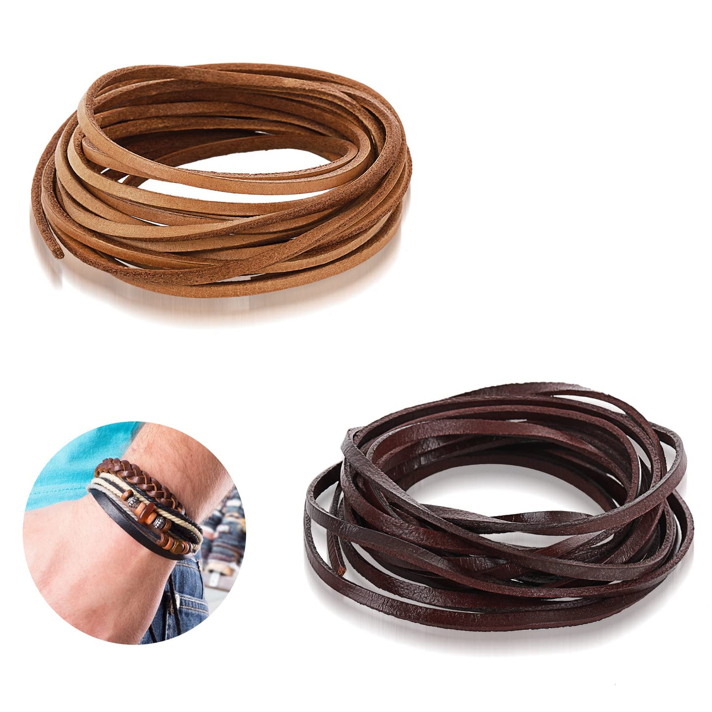 ASTER Leather Cord, 2 Rolls 3 mm Flat Genuine Leather Thread for Crafting Jewelry, Bracelets, Keychains, Handbag Knife Sheaths, 118in x 2, Coffee & Brown