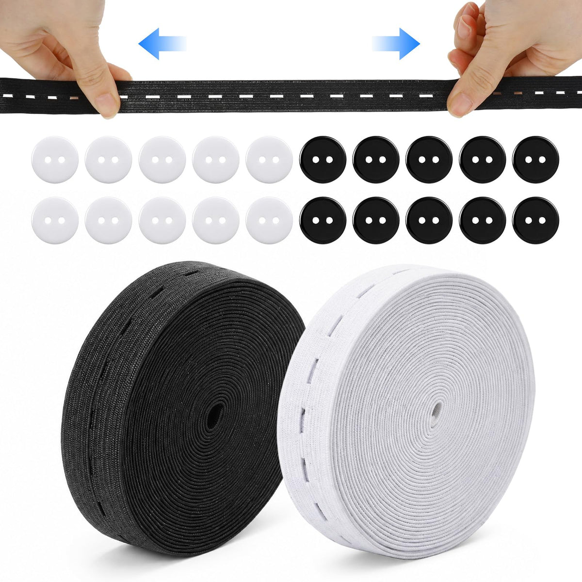 Quilax 2 Rolls Elastic Band Sewing with 20 Button Eyelets Trousers Elastic