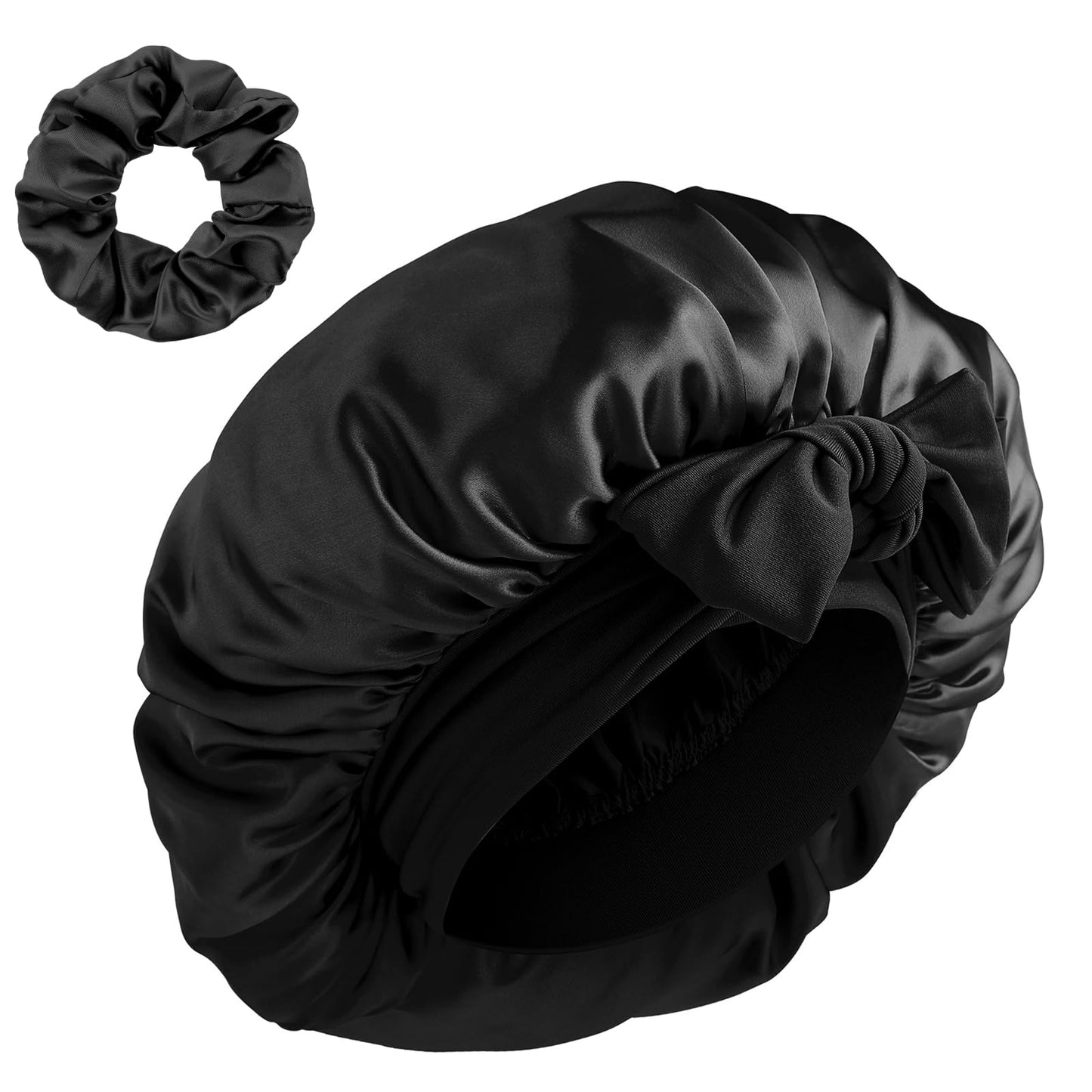 1 x Silk Bonnet Sleep Cap, Silk Sleep Cap, Adjustable Night Sleep Hat, Soft Satin Hair Cap with Elastic Band, Non-Slip Bonnet Sleep Cap for Women (Black)