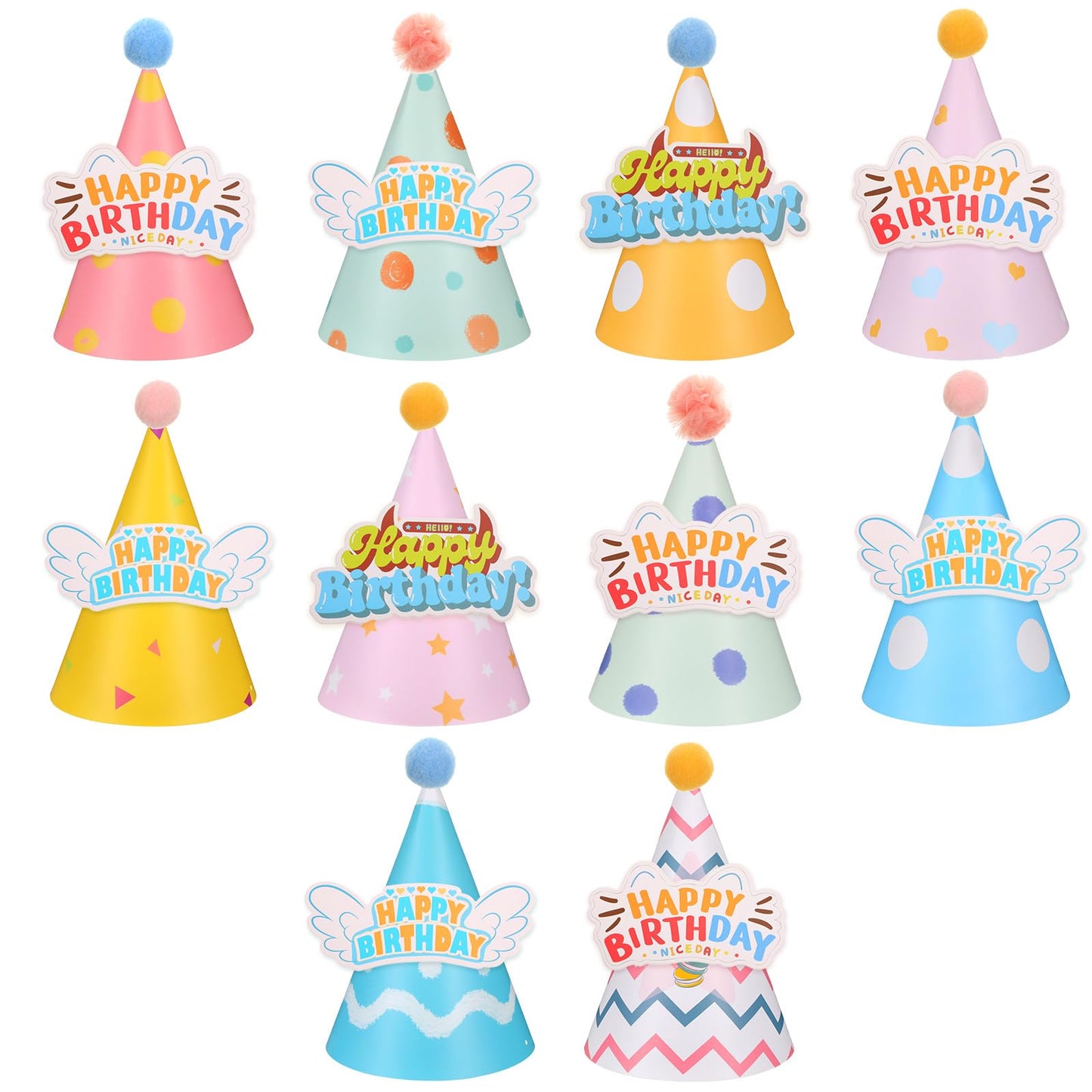 10pcs Party Hats Mini Party Hats for Stuffed Animals Small Party Hats Stuffed Animals Birthday Party Hats for Adults, Colorful Cone Hats with Pompoms, Party Hat, Birthday Set