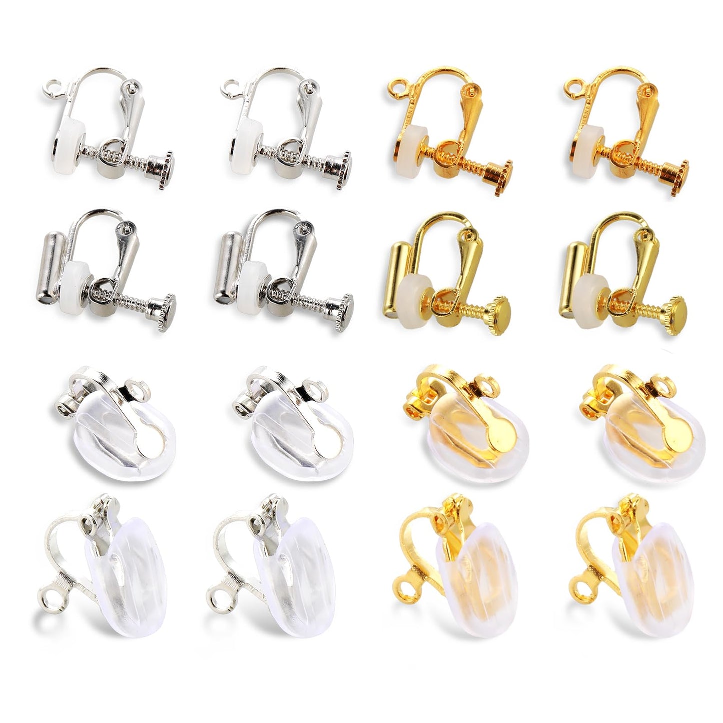 Grevosea Clip on Earring Converter, 16 Pieces Round Flat Back Tray Earring Clips with Silicon Earring Pads earring clips for non pierced ears Easy Open Loop Earrings Converter for Women Girls Gift