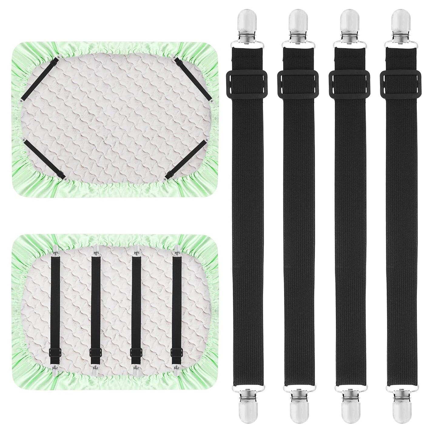 ASTER Adjustable Bed Sheet Straps Clips, 4 Pcs Elastic Bed Sheet Fasteners, Mattress Sheet Holder and Suspenders, Fitted Sheet Clips for Bed Mattress Cover Fitted Bed Sheets, Black