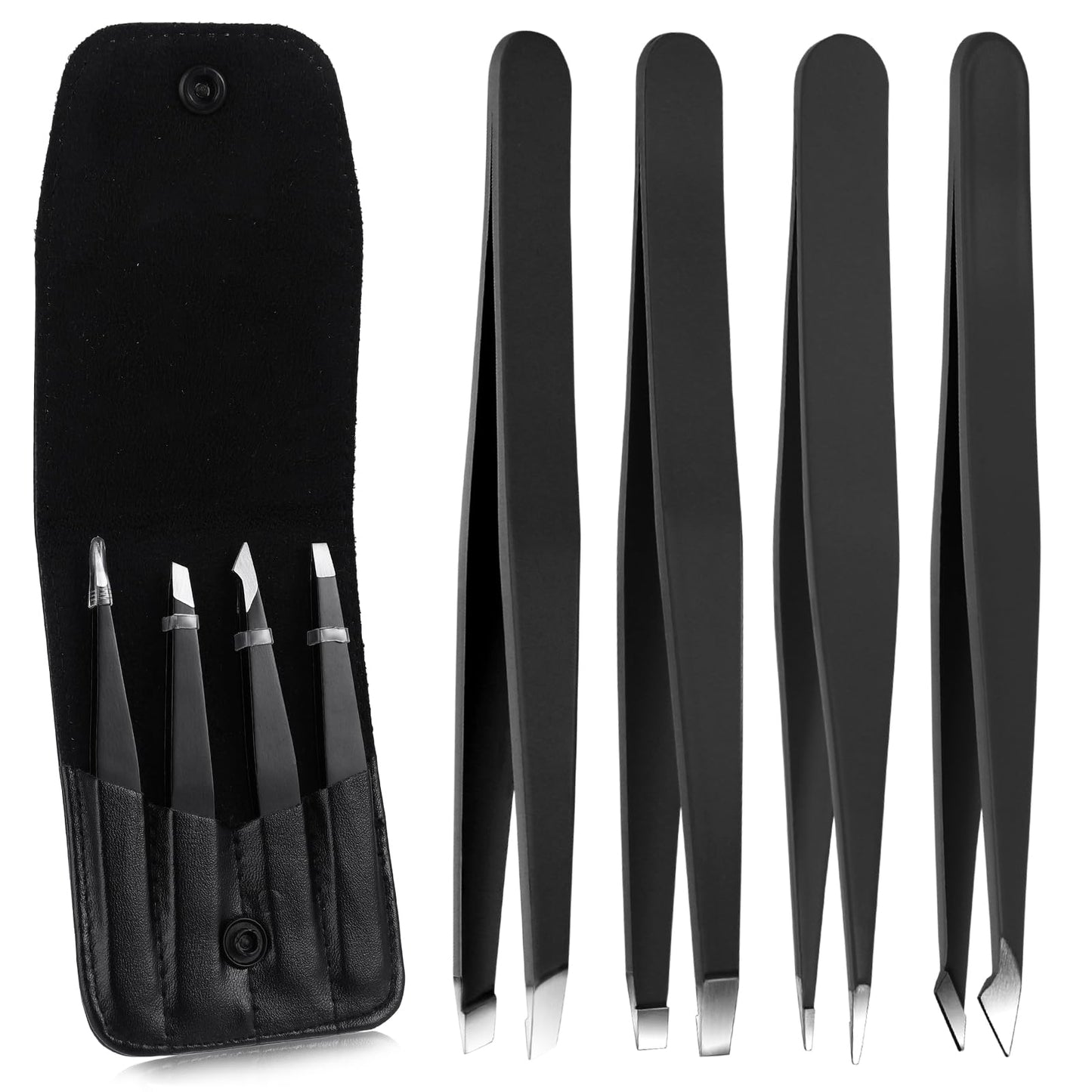 Tweezers Set, 4 Pcs Professional Stainless Steel Tweezers for Eyebrows Stainless Steel Tweezers Hair Removal Tweezers for Facial Hair, Eyelash, Eyebrow or Ingrown Hair, with Travel Case, Black