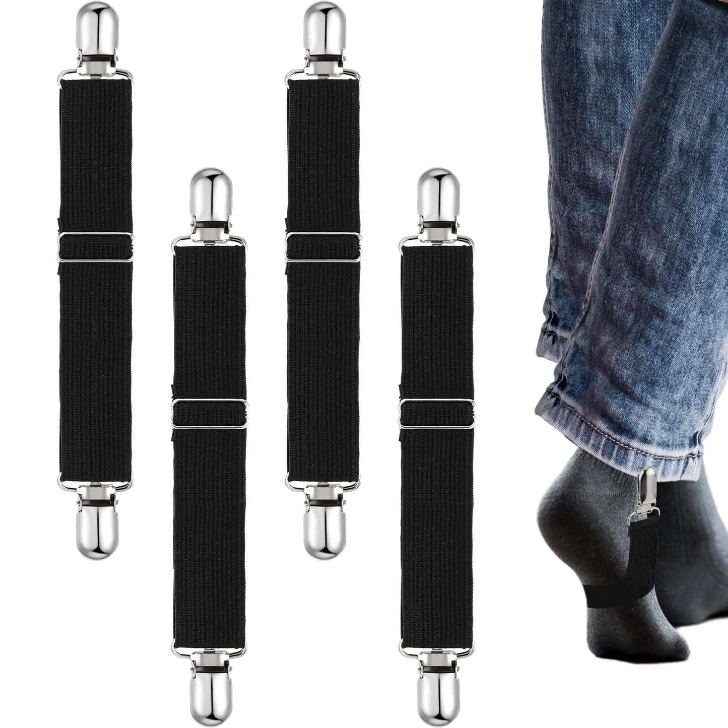 ASTER Elastic Adjustable Boot Straps Clips, 4 Pcs Pant Stirrups Secure Leg Straps, Boot Clips Pant Clips Stirrups Leg Straps for Women and Men Motorcycle Biker Smooth Jeans Trousers Bed Sheets(Black)