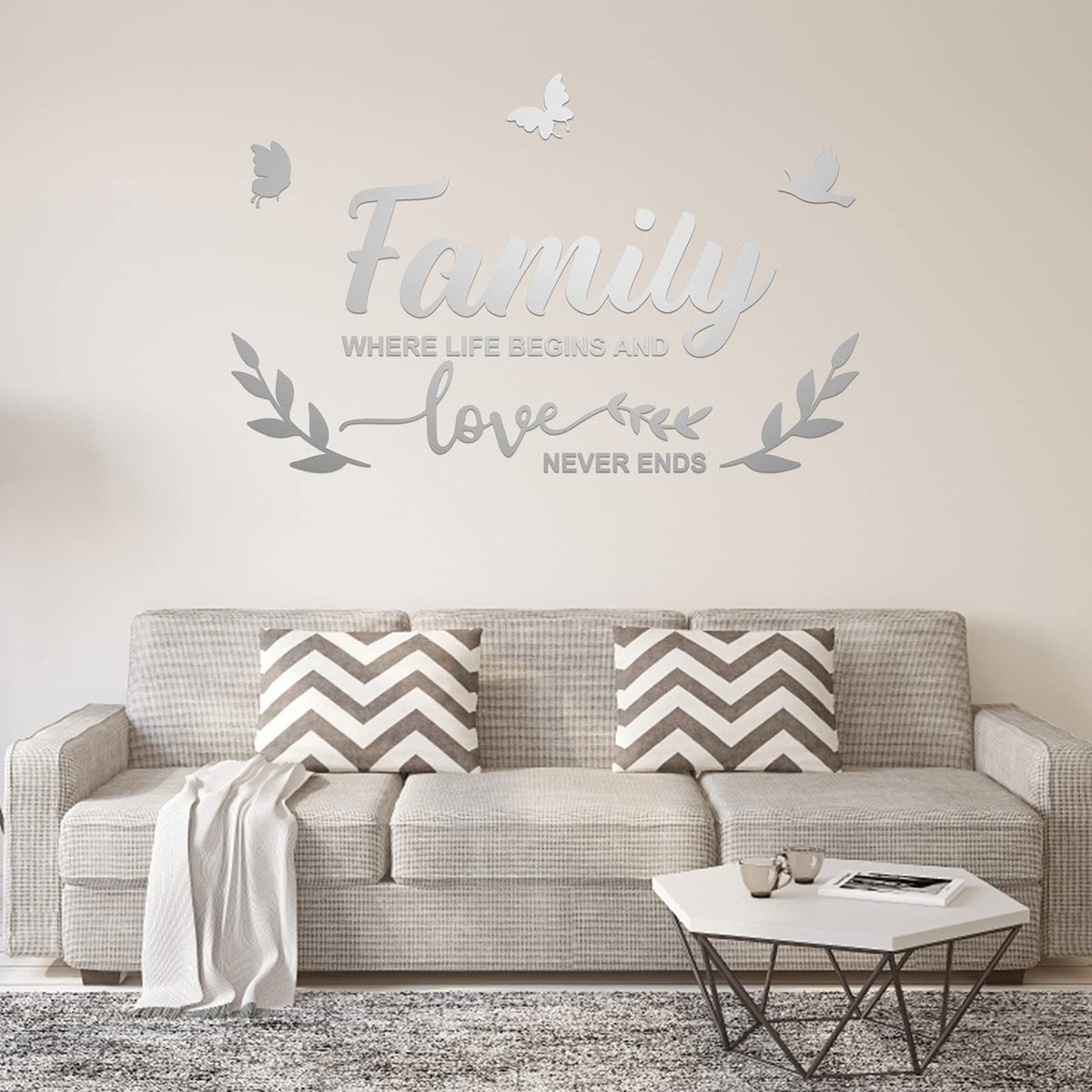 ASTER 3D Acrylic Mirror Wall Decal Stickers Family Quotes Wall Mirror Decor Removable Wall Art Decals DIY Motivational Butterfly Mural Stickers for Office Home Dorm Decor (Sliver)