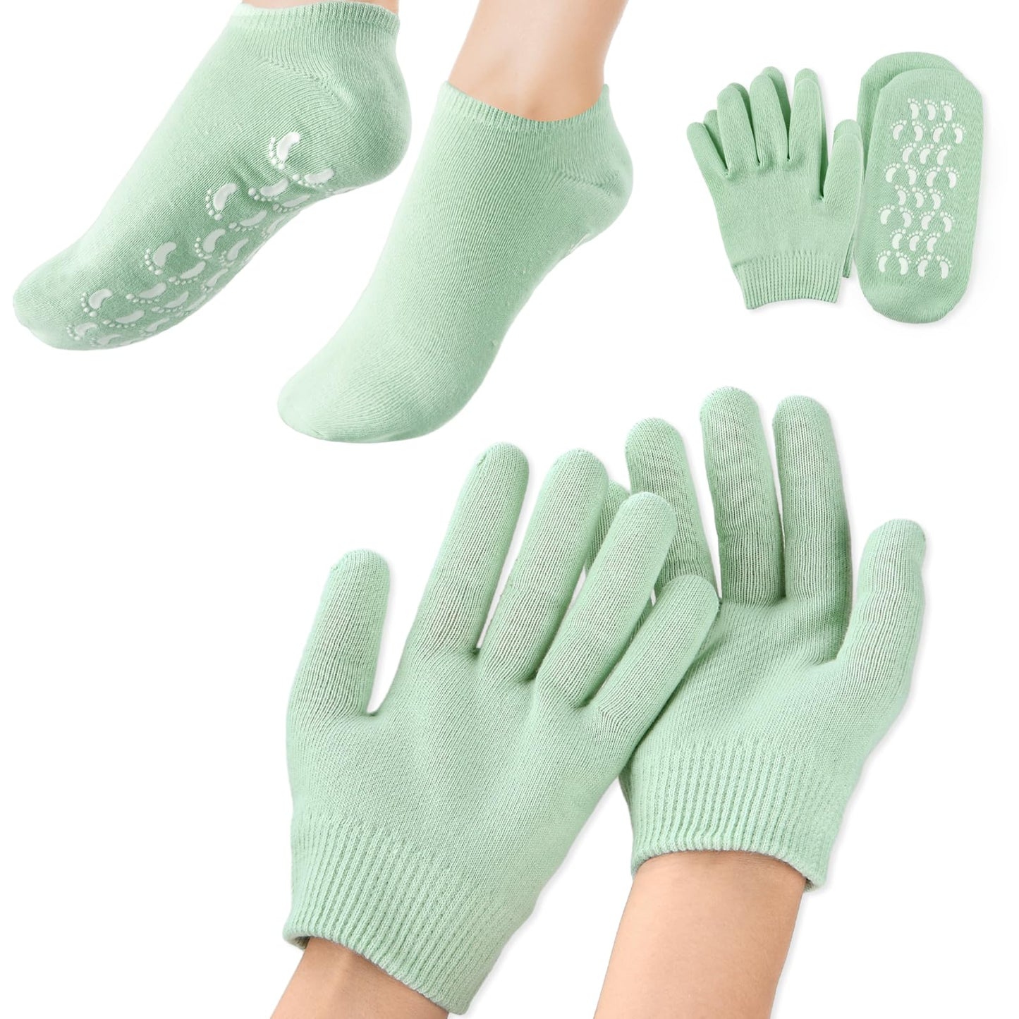 Aster Moisturising Socks and Gloves Set 4 Pcs Silicone Sock and Gloves for Women Repairing Dry Cracked Hands Feet Skin Care Gel Lining Infused with Essential Oils and Vitamins, Green