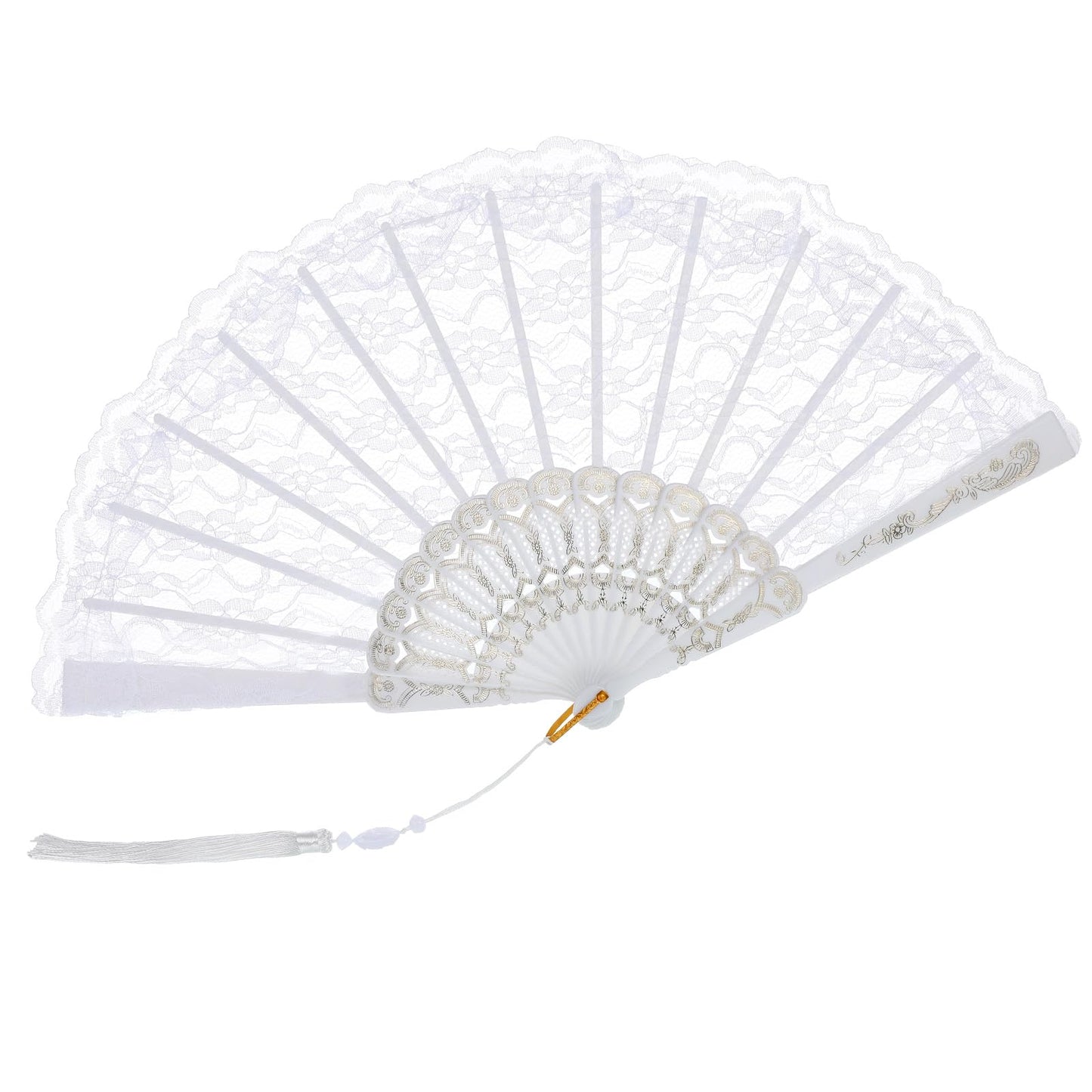 Lace Hand Fan, White Lace Handheld Fan Decorative Folding Fans with Tassel