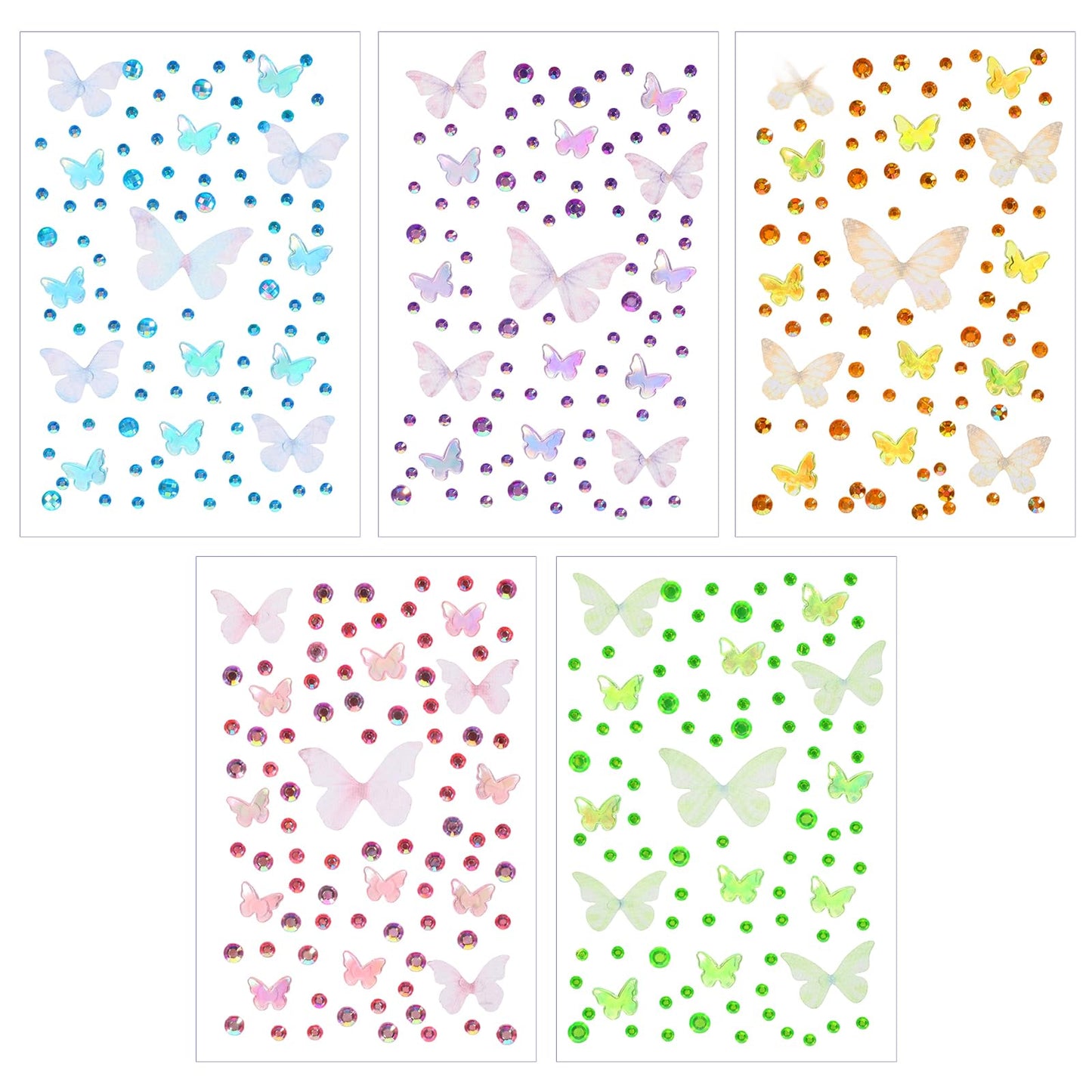 5 Sheets Colorful Butterfly Face Gems, Self-Adhesive Butterfly Gems