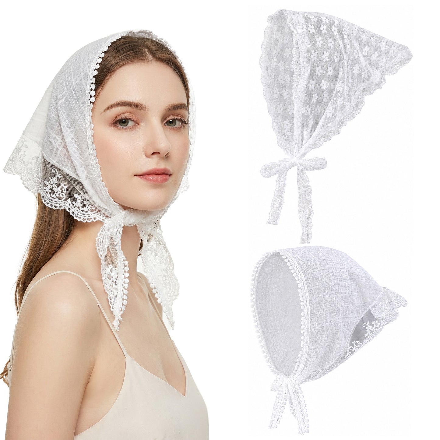 2 Pcs Lace Head Scarf, Floral White Lace Bandana Elegant Triangle Hair Scarf for Women Summer Hair Accessories