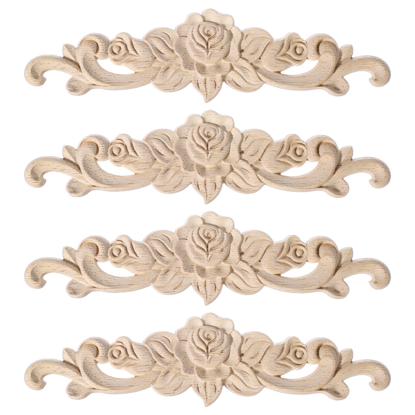 Thinp 4 Pcs Wood Appliques Onlays, Wood Appliques for Furniture Decorative Woods Carved Applique Onlays Unpainted Woods Carving Decals DIY Onlay for Bed Door Cabinet Wardrobe Furniture Decoration