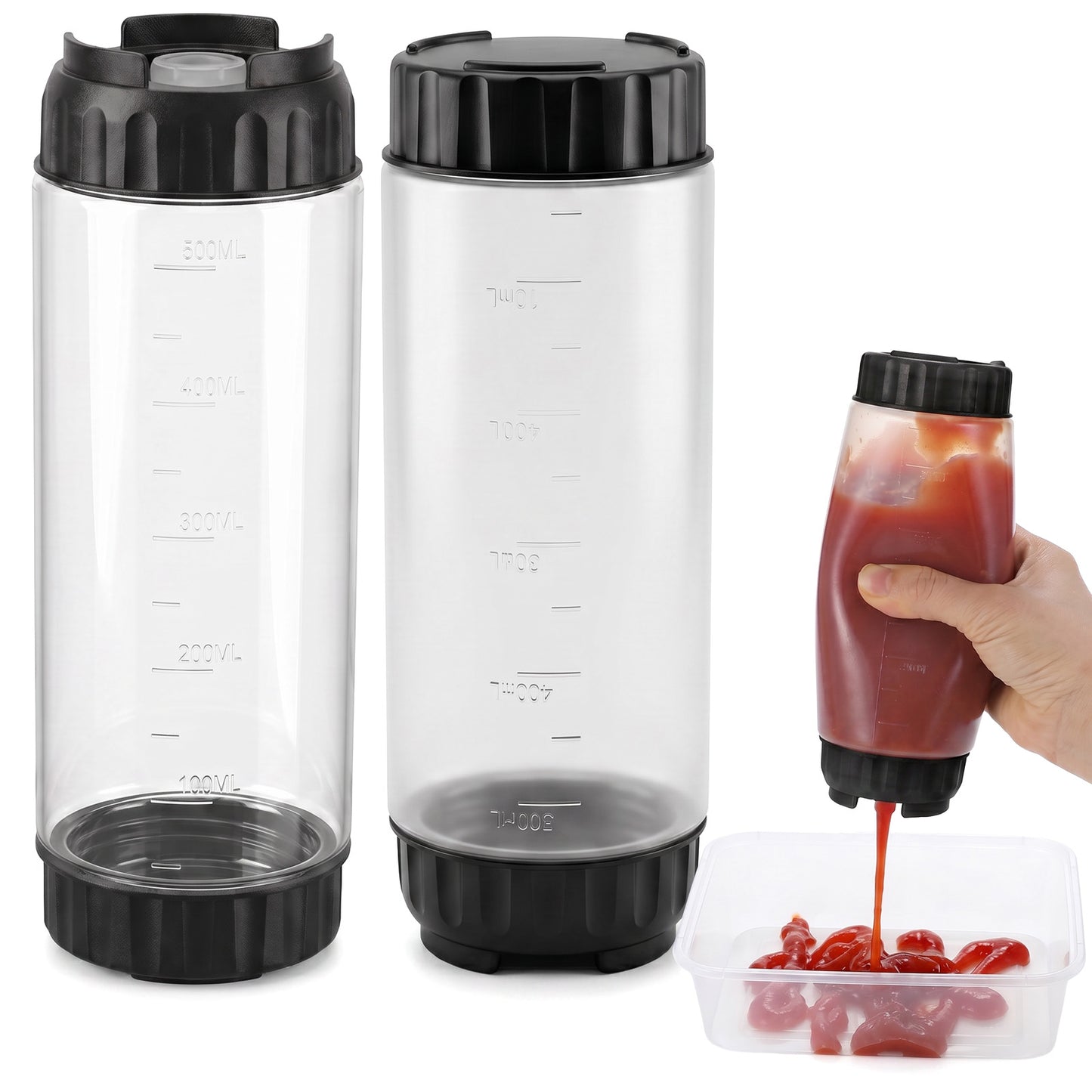 Grevosea 2 Pcs 20 oz Inverted Squeeze Bottles, Refillable Large Valve Condiment Dispenser, Self-Sealing Leakproof Syrup Ketchup Sour Cream Sauce Bottle for Restaurant Home Kitchen(Black)