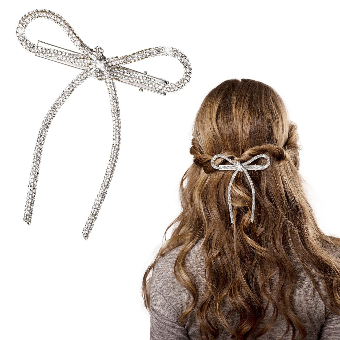 1 x Bow Hair Clip, Glitter Rhinestone Hair Clip, Silver, Non-Slip Hair Clips, Beak Hair Clips, for Women