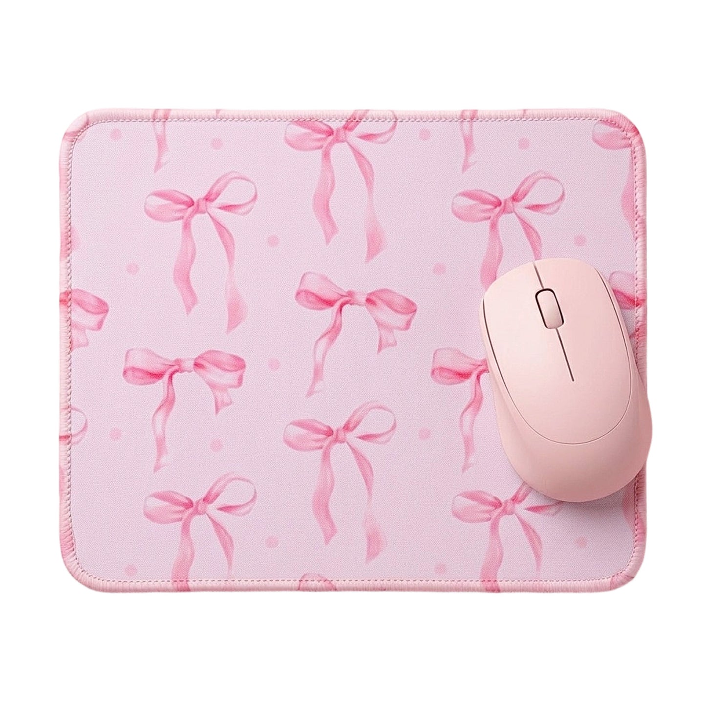 Pink Mousepad with Stitched Edge, Small Mouse Pad with Bow Pattern, Non-slip Rubber Base, Cute Girly Mouse Pad for Office Computer Laptop, 7.9×9.4 In