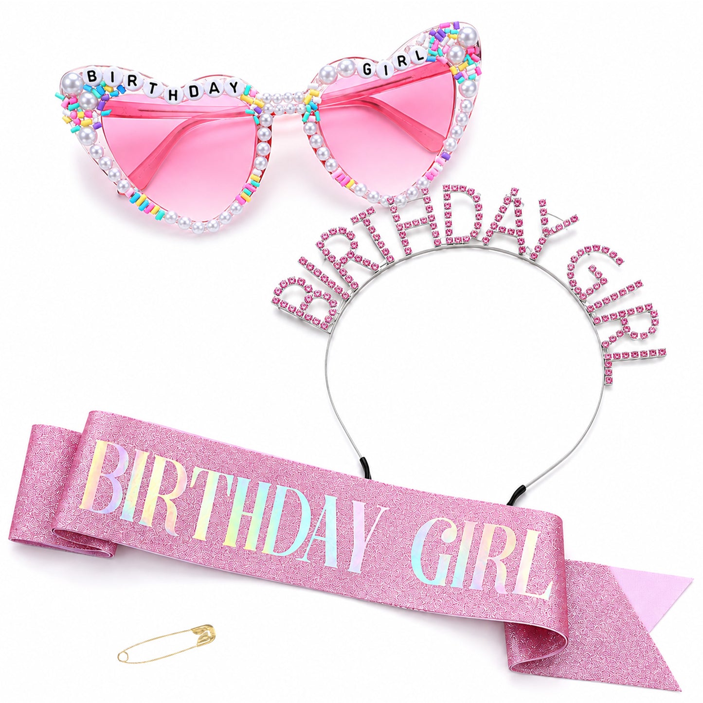 3Pcs Birthday Decorations for Girls, Birthday Girl Sash Crown and Glasses