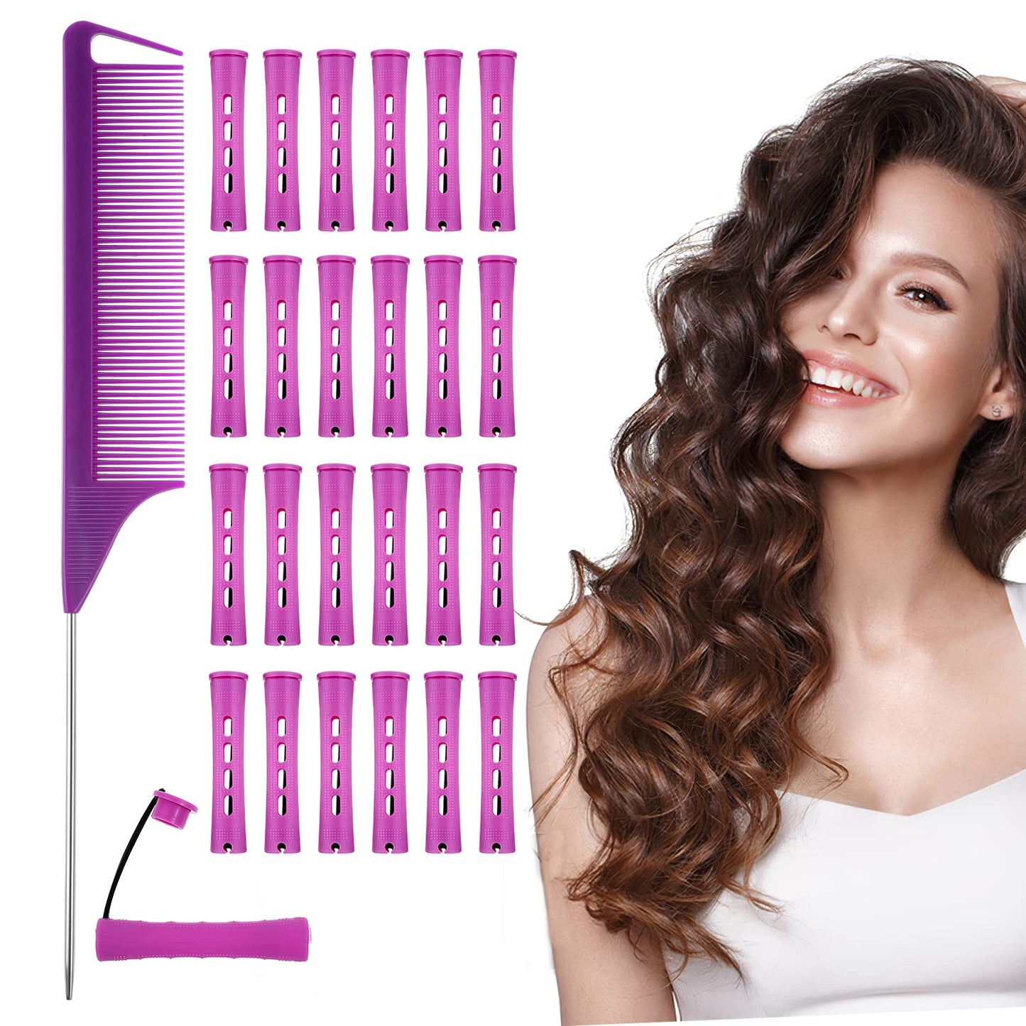 ASTER Plastic Hair Roller, 24pcs Perm Rods for Natural Hair, Cylindrical, Purple, Hair Curling Rollers for Long Short Wet Hair, Salon Tools, DIY Hairdressing