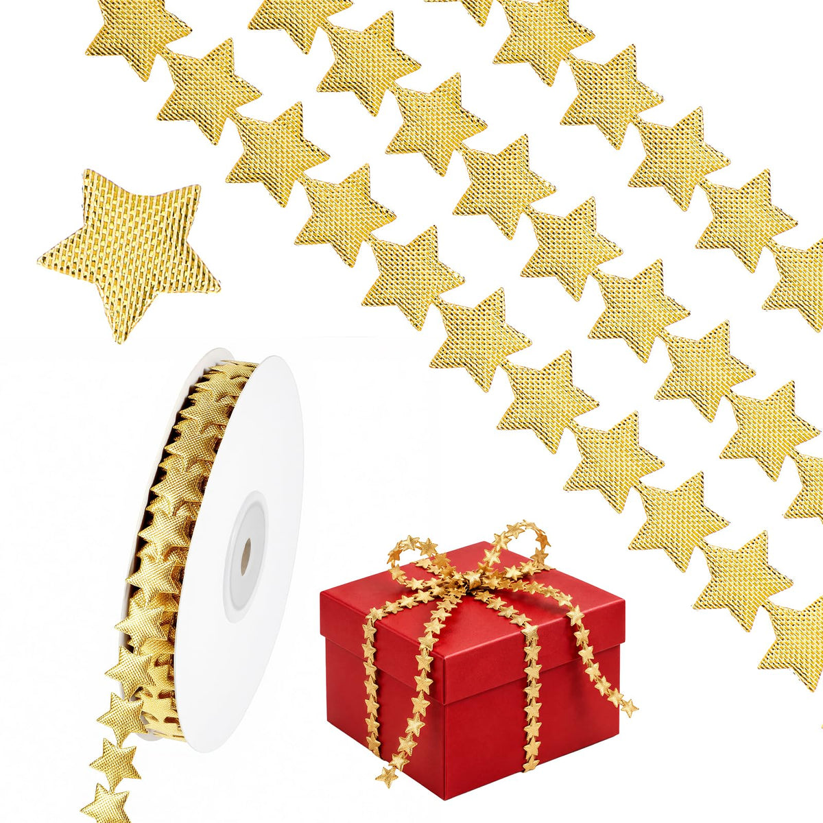 Grevosea 20 Yards Gold Star Ribbon, 0.5 Inch Sparkly Star Ribbon Trim