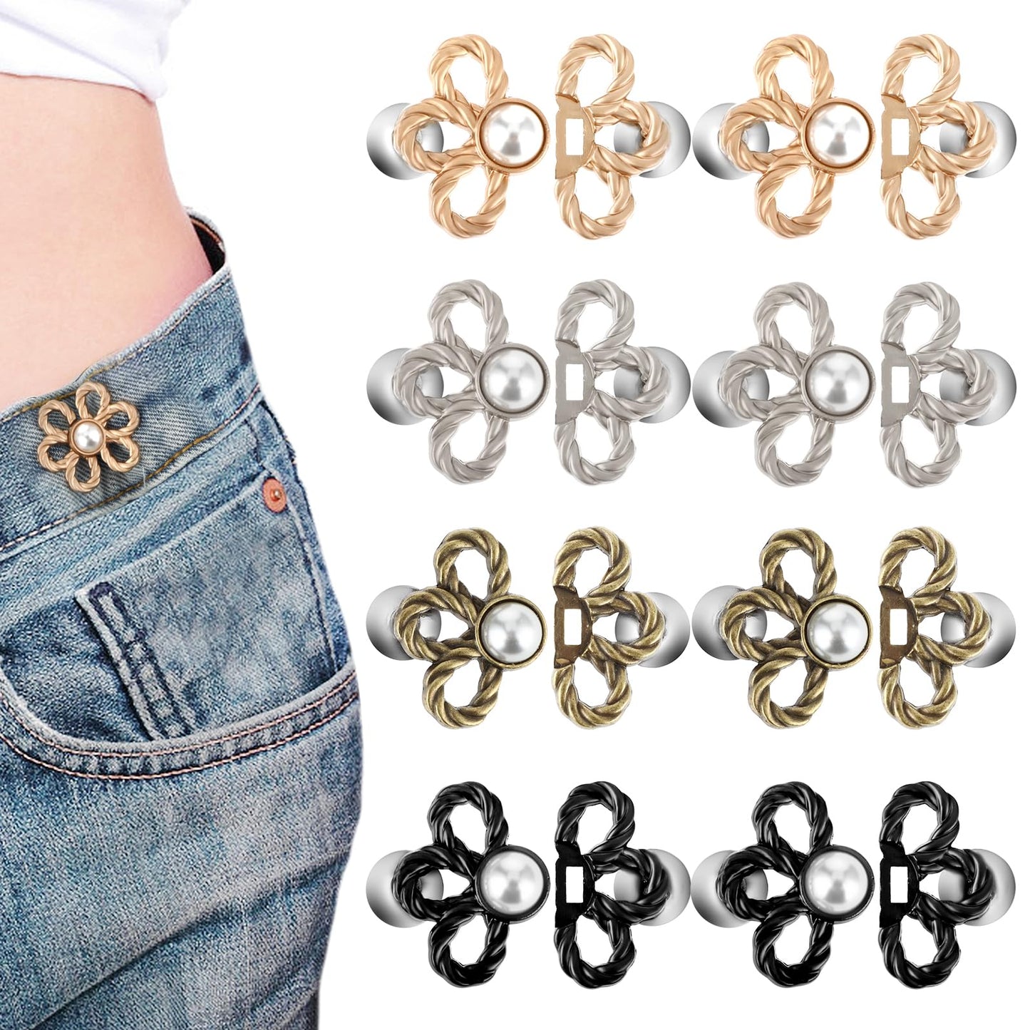 Aster 8 Pcs Pant Waist Tightener, 4 Color Flower Jeans Button Tightener, Adjustable Pants Button Tightener, No Sew and No Tools Jean Buttons for Loose Jeans, Pants, Skirts, Sleeves
