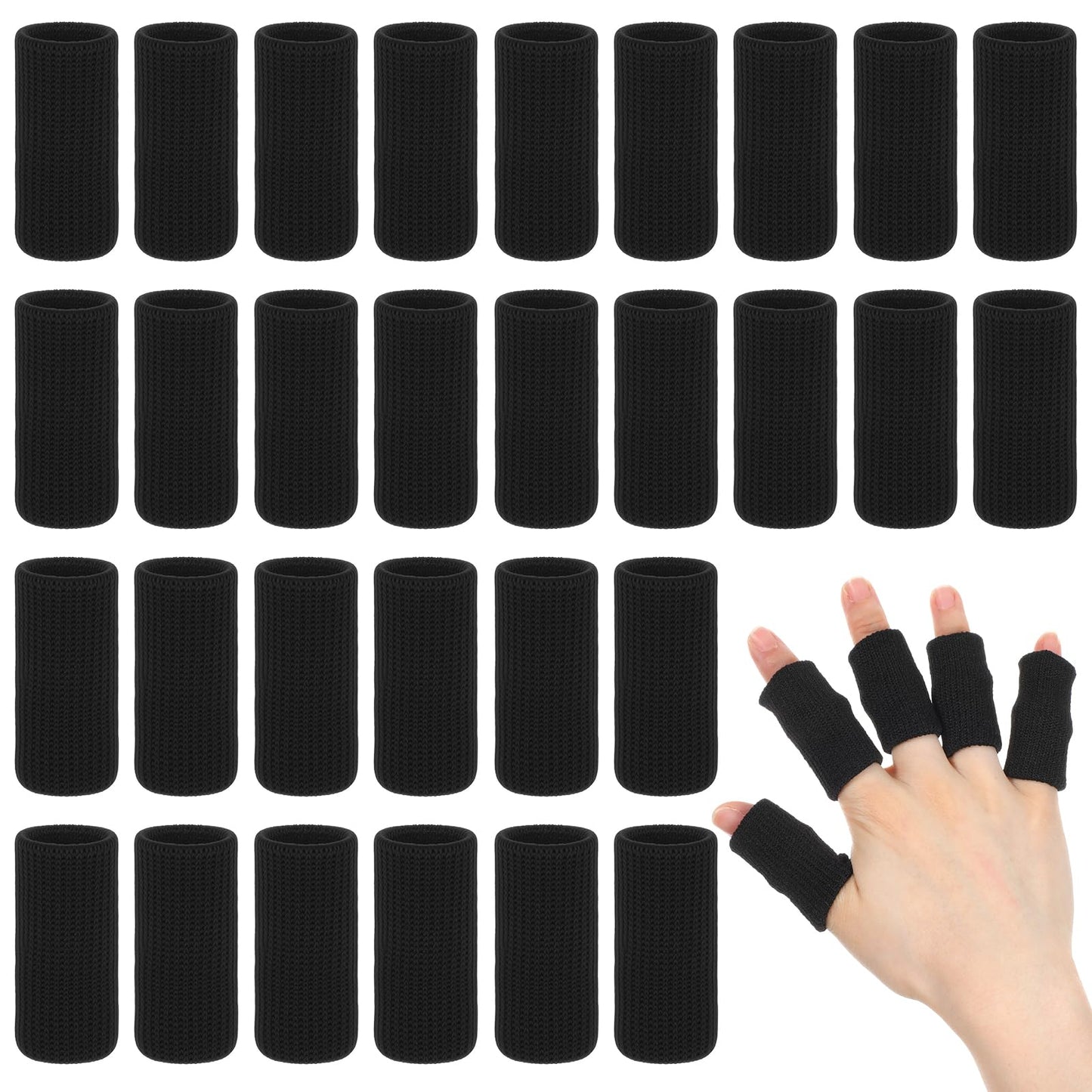 30 Pcs Black Finger Protectors, Elastic Finger Splint & Bandage Support Sleeves for Sports Compression, Joint Pain & Tendonitis (4.5x2.7cm)