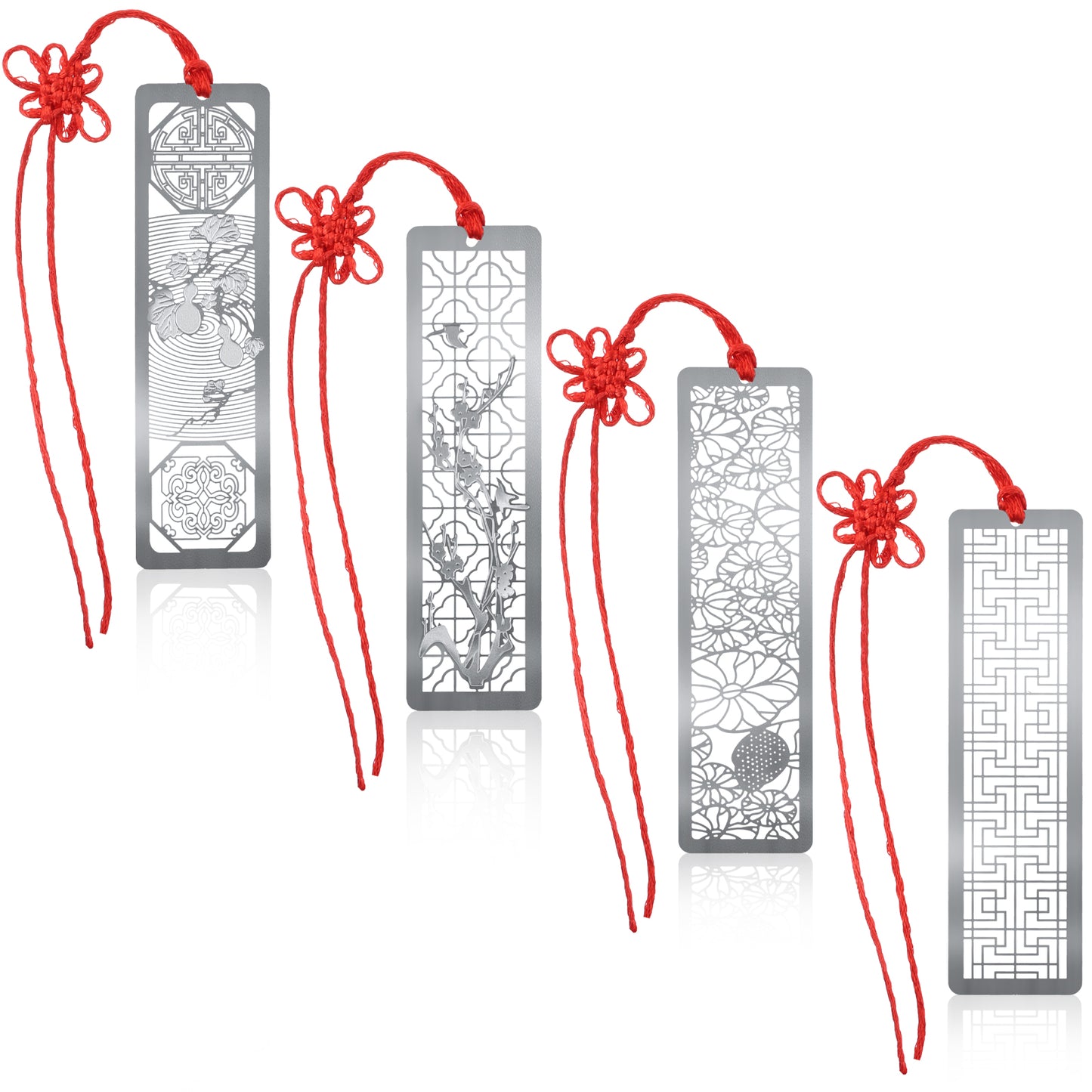 ZEYIYER 4 Pcs Hollow Art Bookmarks, Metal Bookmarks with Red Knot Tassel, Chinese Traditional Style Bookmark for Book Lovers Women Men Book Reading Presents