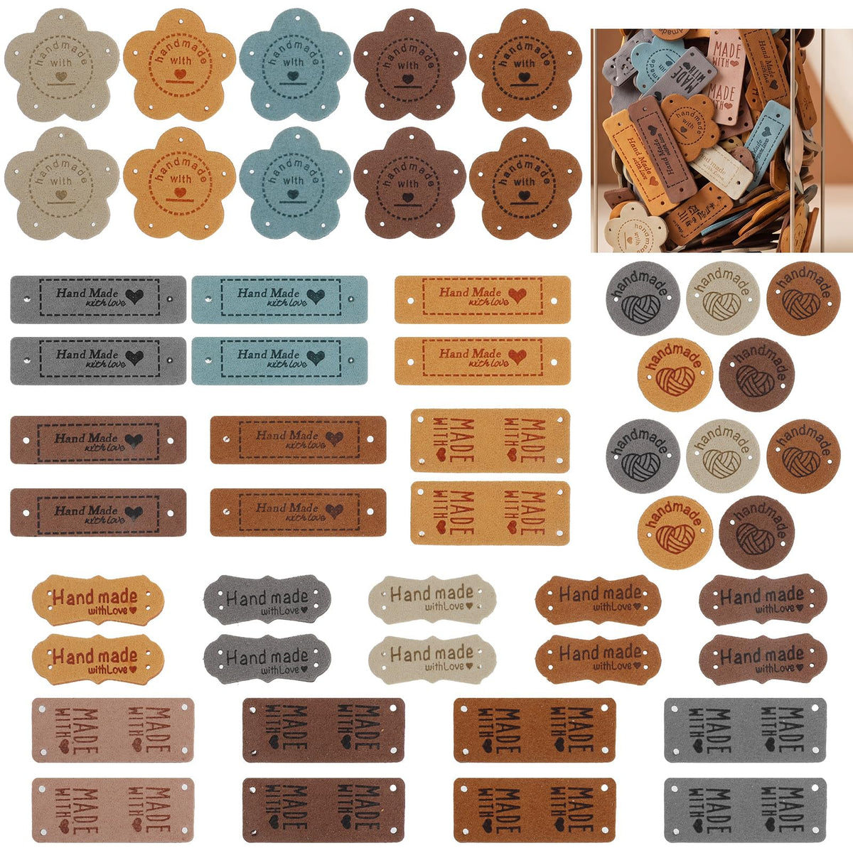 LLOUSSAK Pack of 50 Handmade Sew-On Labels, Leather Labels in 4 Colours