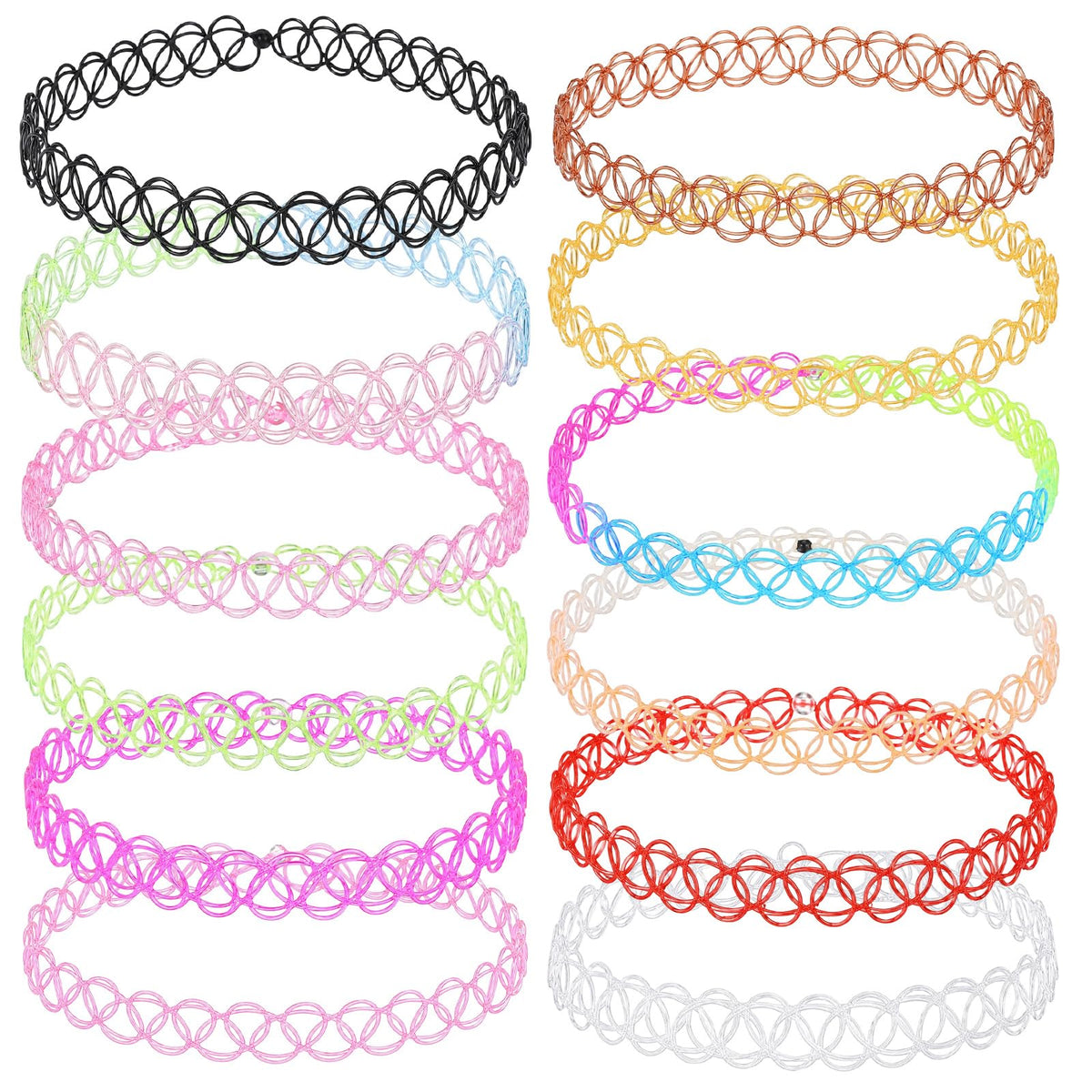 Pack of 12 Elastic Necklaces, Rainbow Choker, Colourful Tattoo Chain