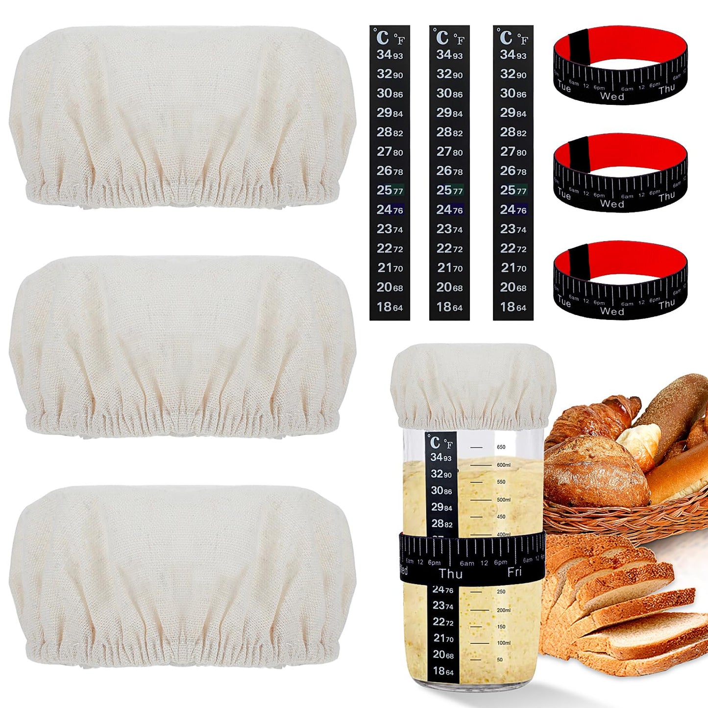 ASTER Sourdough Starter Kit, 9 Pcs Replacement Sourdough Starter Jar Kit Include 3 Sourdough Jar Cover, 3 Temperature Gauge and 3 Date Bands, Fits Most Sourdough Starter Jar