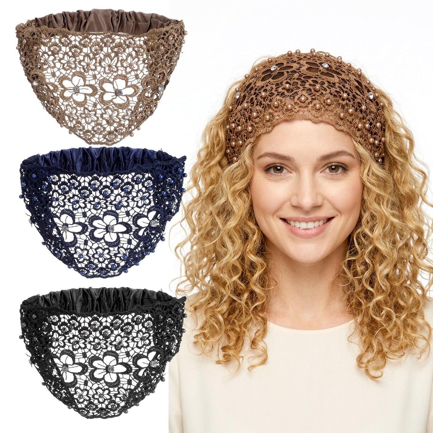 3Pcs Crystal & Pearl Embellished Wide lace Headbands, Boho-Chic Headbands for Women, Vintage Sparkly Stretch Floral Beaded Lace Elastic Headband Suitable, Weddings Stylingvarious Hol