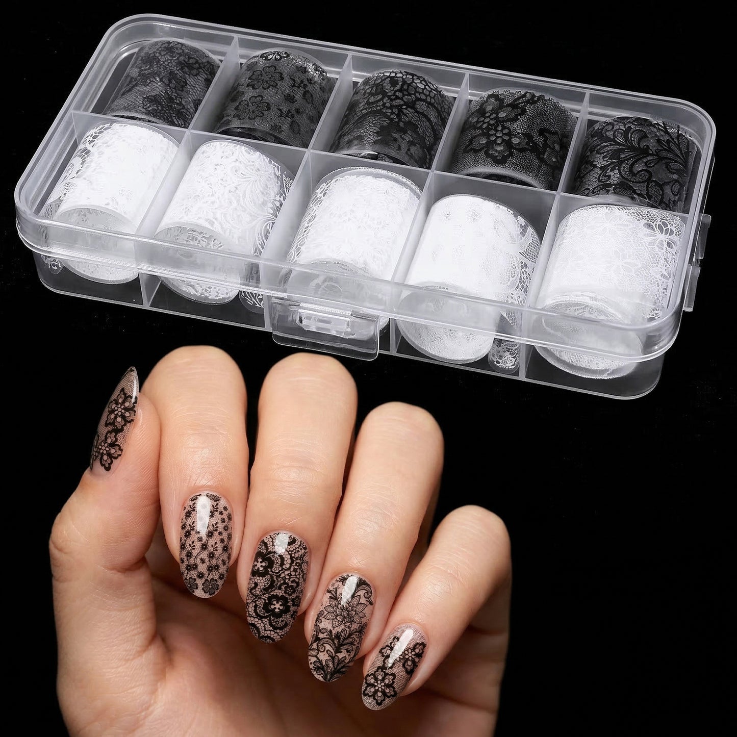10 Rolls White & Black Lace Nail Foil Starry Sky Flower Nails Foils Transfer Nail Art for DIY Acrylic Nails Manicure Decoration