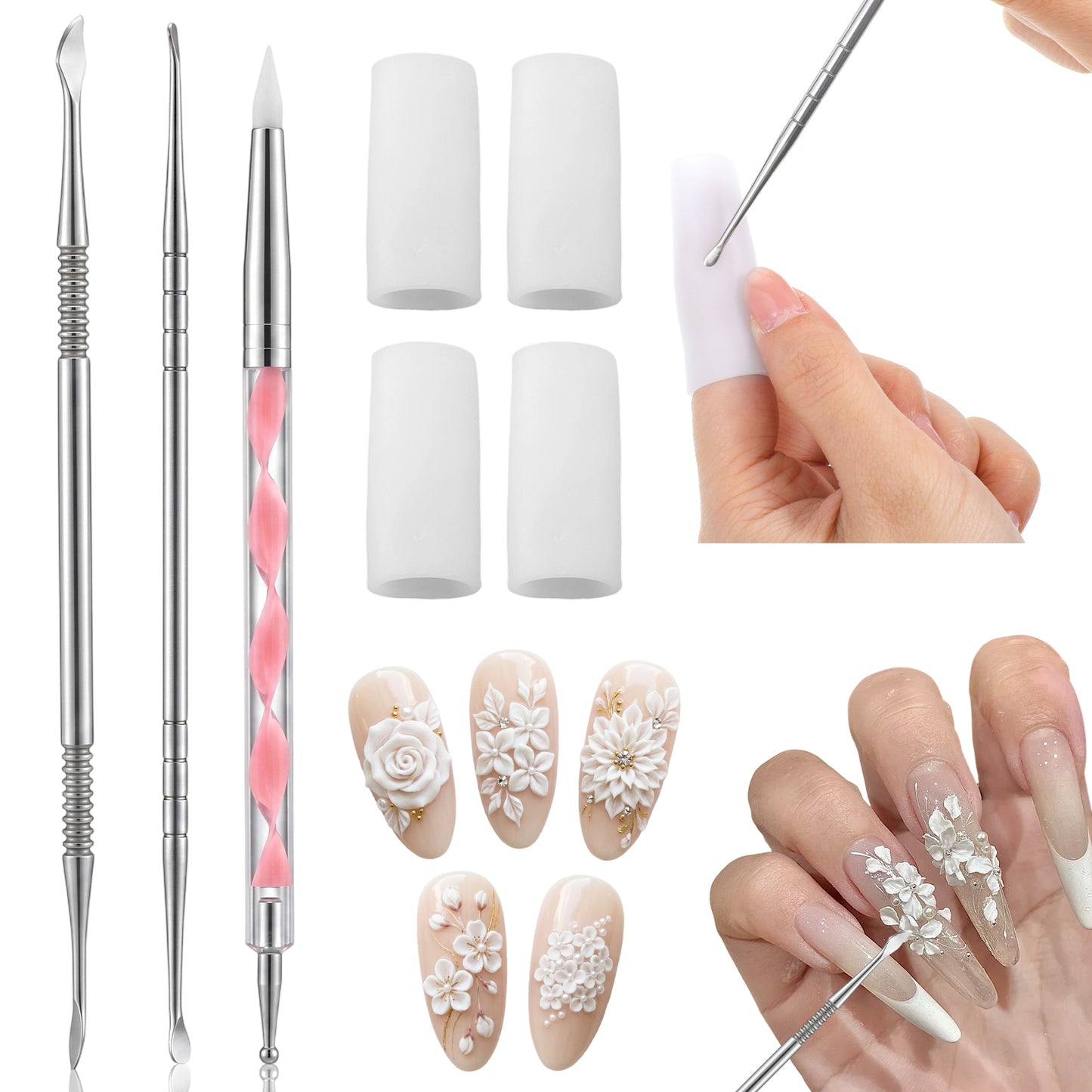 3 Pcs Nail Art Sculpting Tool, Dual-Head 3D Gel Nail Art Sculpture Pen with 4 Silicone Finger Sleeves Stainless Steel Nails Dotting Tool for Flowers Art Design Carving Molding Manicure DIY Home Salon