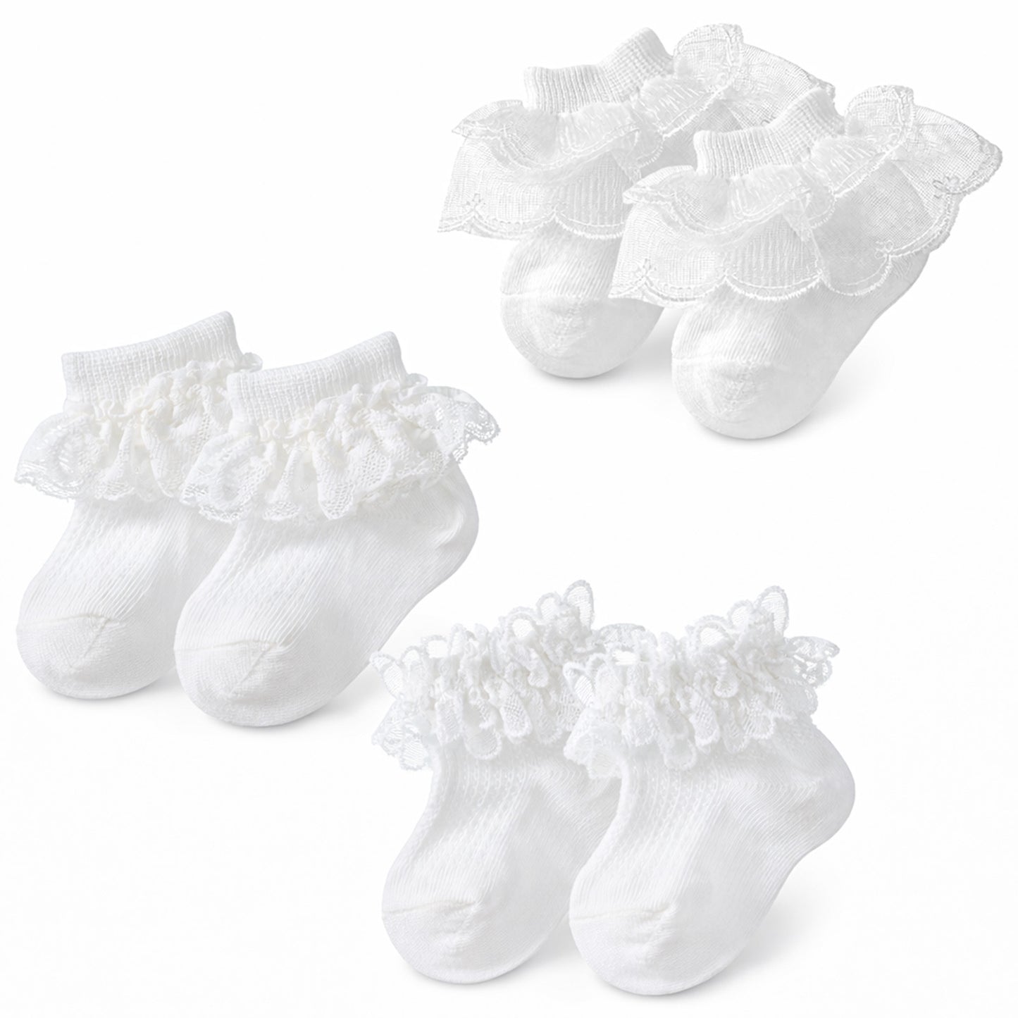 Ajcotahm 3 Pairs Newborn Frilly Socks, White Double Lace Baby Girl Ruffle Socks Breathable Cotton Ankle Sock for Newborn Infant Toddler 6-12 Months