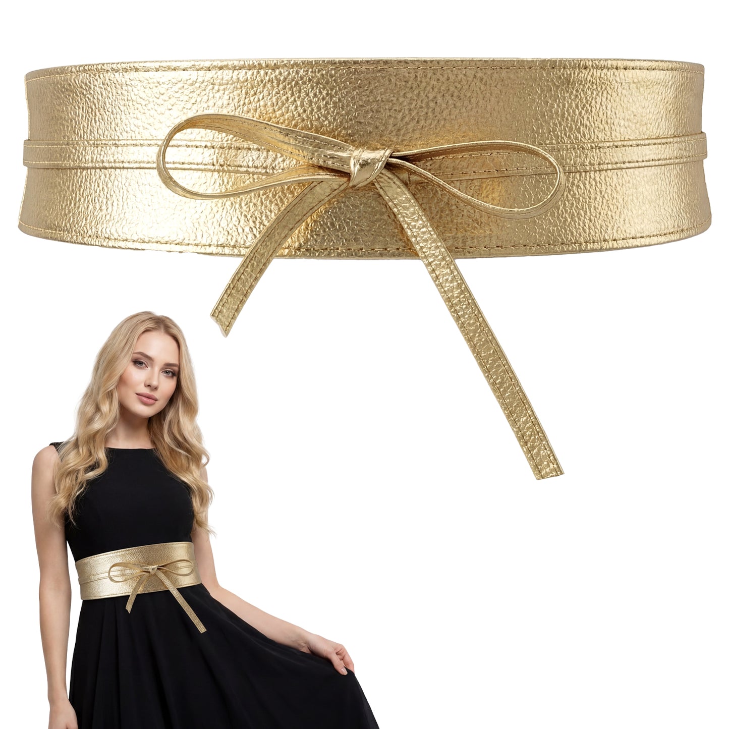 Axafazup Women Obi Waist Belt, Gold Faux Leather Wide Wrap Around Obi Belt, Fashion Adjustable Self Tie Waist Belt for Dresses and Blouses