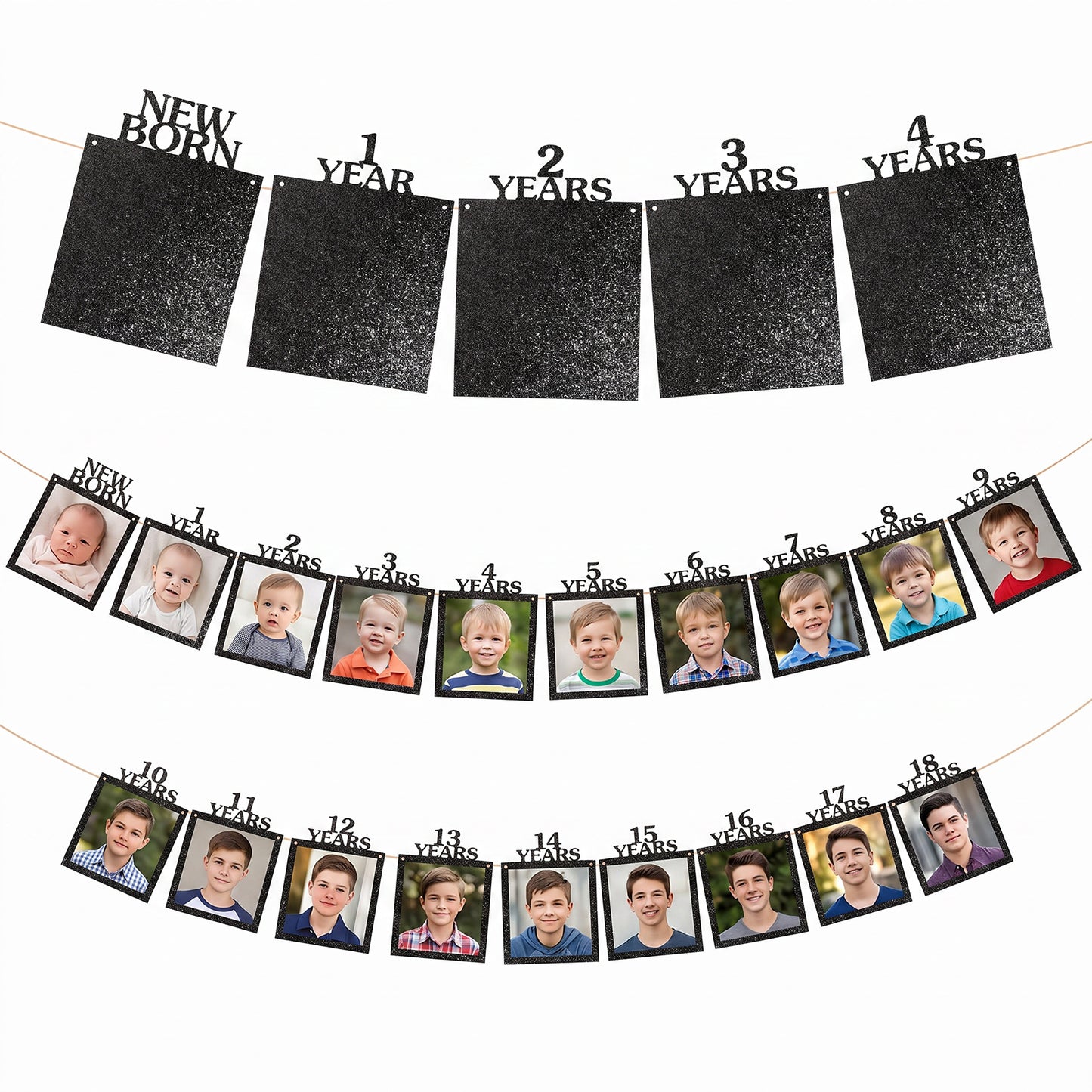 18th Happy Birthday Photo Banner, 18 Year Birthday Picture Frame Banner, 18th Birthday-Decorations Party Supplies(2 Theme)(Black)