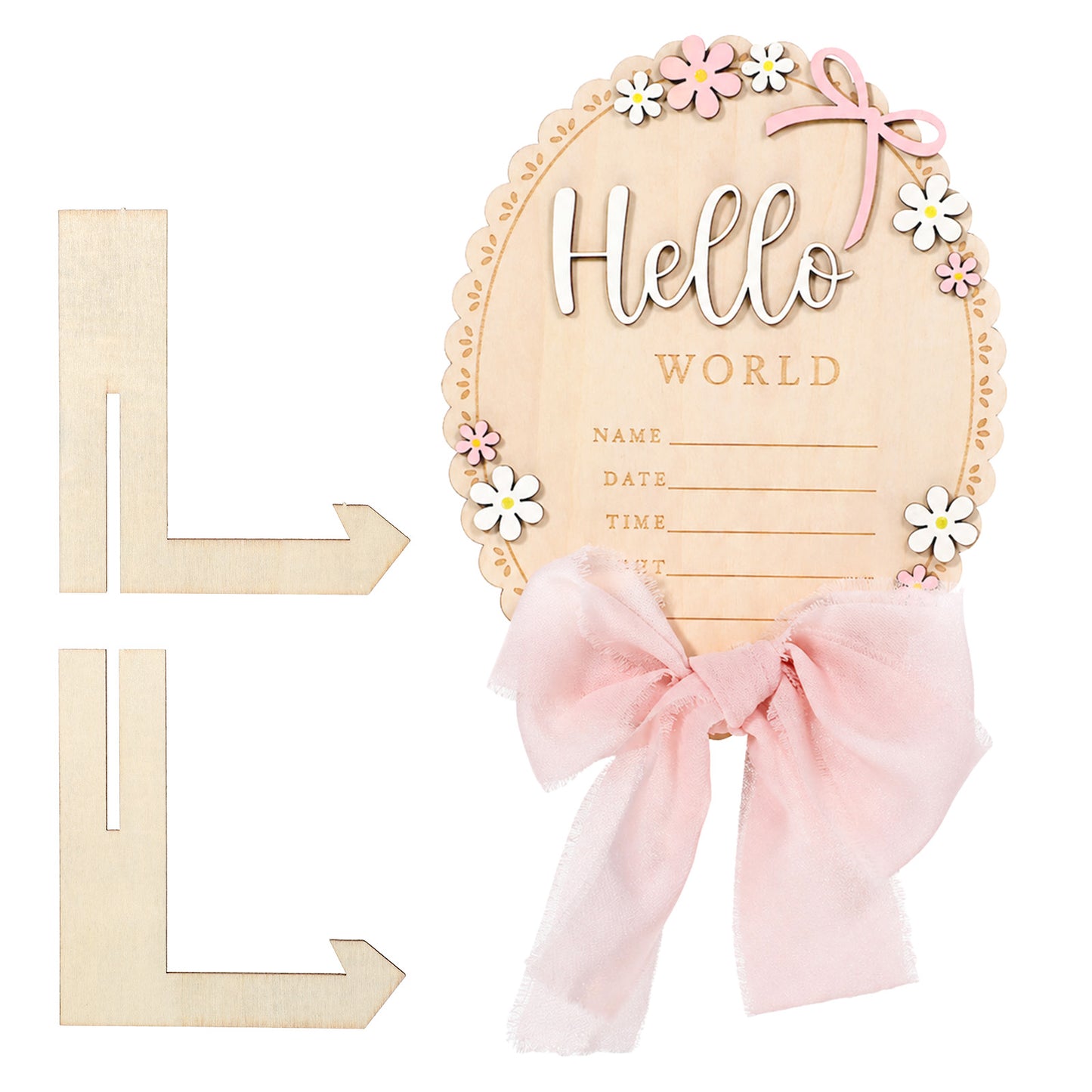 Newborn Announcement Sign, Wooden Hello World Newborn Sign with Ribbon & Bracket, Baby Name Announcement Signs Cute Baby Arrival Signs for Hospital, Photography Props, Welcome to The World