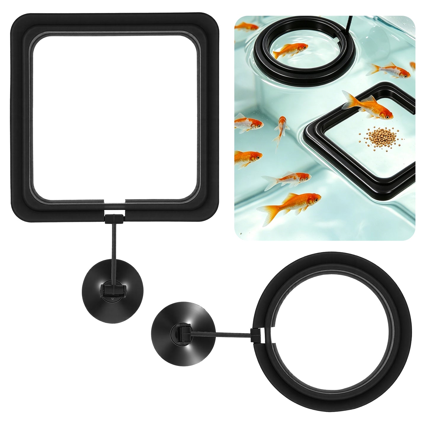 2PCS Aquarium Floating Plant Corral, EVA Fish Feeding Ring Set with Strong Suction Cup, Fish Tank Accessories for Mini Betta Tank, Floating Plants Holder|Feeder|Corral(Round + Square)(Black)