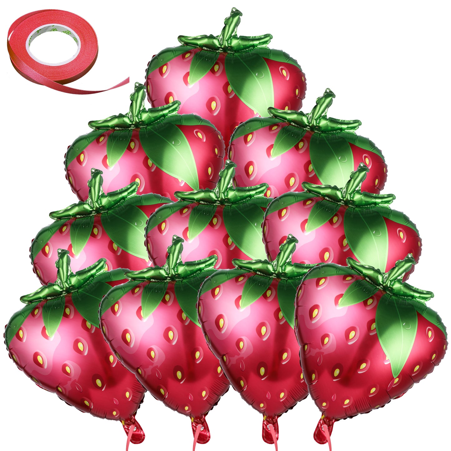 10 PCS Strawberry Foil Balloons, Strawberry Party Decorations, Jumbo Reusable Strawberries Themed Party Supplies for Wedding, Birthday Decorations Supplies, Baby Shower Party (With 1 Roll Red Ribbon)