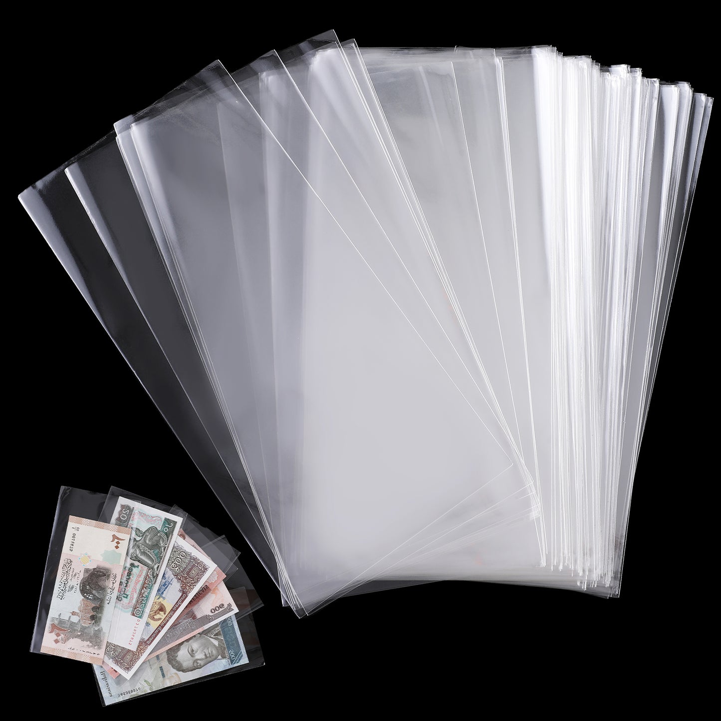 100 Pack Clear Paper Money Holders Currency Sleeves OPP Material Dollar Bill Collection Sleeves Slab Protector Storage Display for Banknotes Stamps Commemorative Notes Collectibles