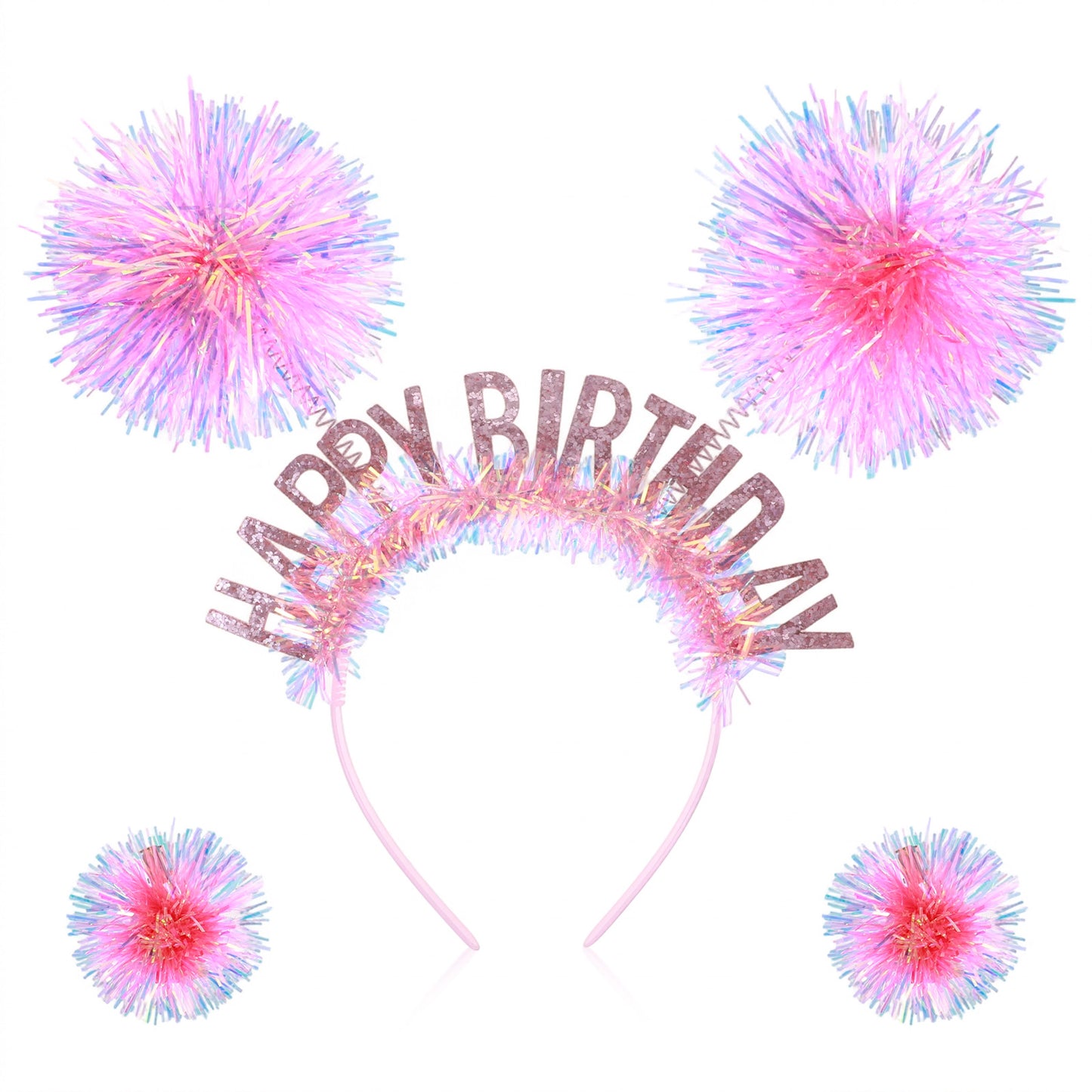 Grevosea Happy Birthday Crown and Tiara for Women Girls Pom Pom Headband Birthday Hat Set Pink Party Headwear for Adult Teen Celebrations Gifts Decorations