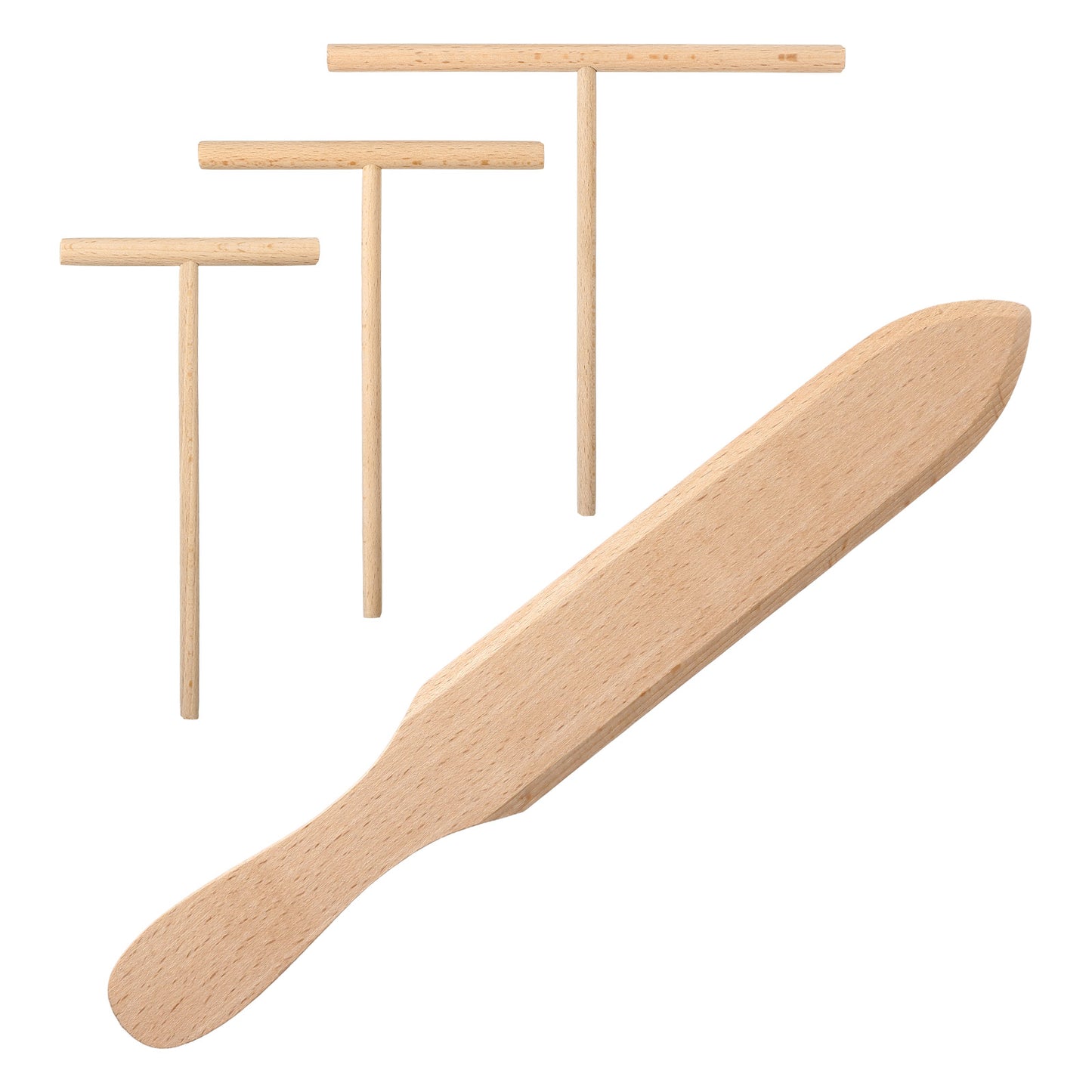 4PCS Crepe Spreader Tool, Wooden Crepe Spreader and Spatula Set, with 3 T-Shaped Batter Spreaders (3.5", 5", 7") and 13.4" Turner for Pancakes, Roti, Dosa, Fits Any Pan