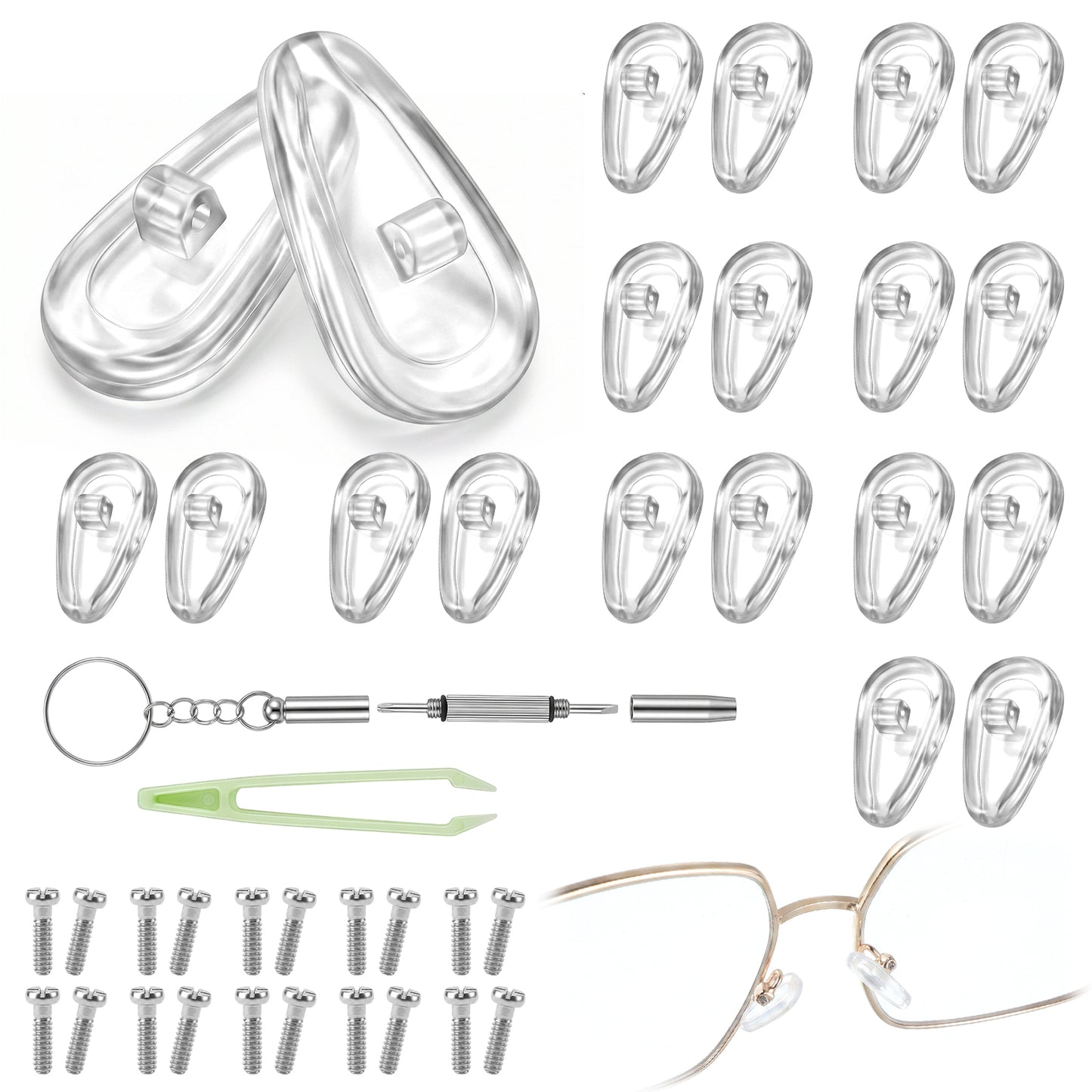 Eyeglass Nose Pads, 10 Pairs Anti Slip Screw-in Eyeglass Nose Pads Soft Silicone Thin Glasses NosePad Replacement Kit with Screwdriver, Silver Screws and Tweezers for Glasses Sunglasses