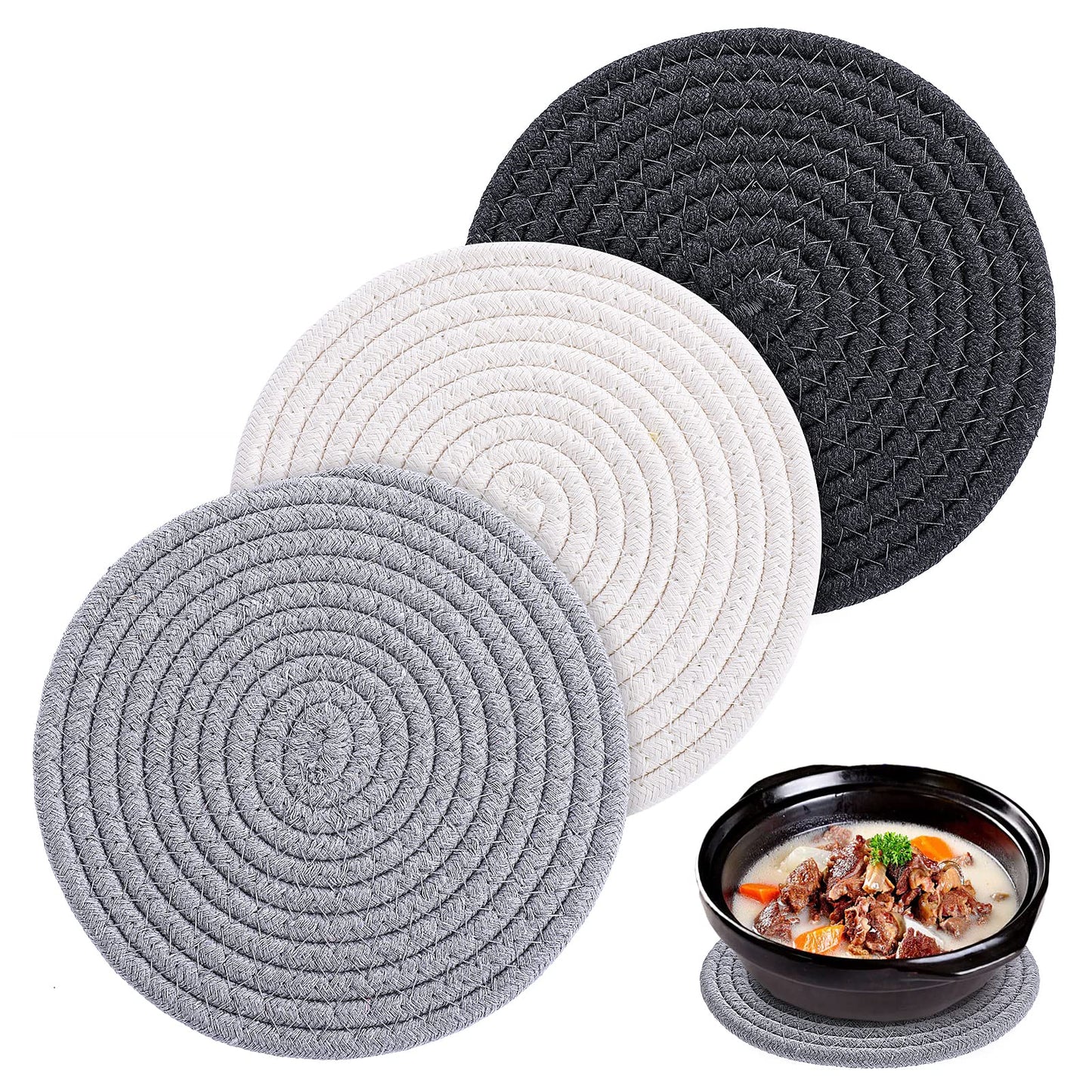 ASTER Cotton Round Pot Holders for Kitchen, 3Pcs 7Inch Heat Resistant Trivets for Hot Dishes, Hot Pot Holder, Stylish Large Coasters & Hot Mats, 100% Cotton, Black, Set of 3