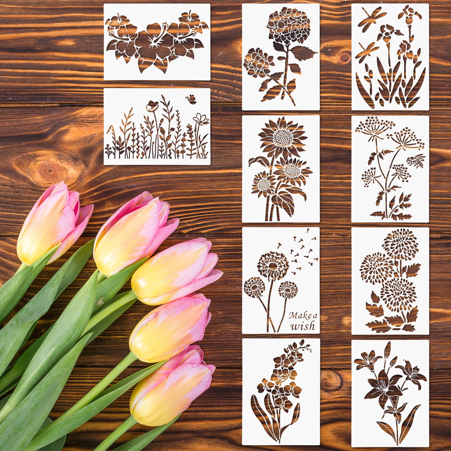 10 Pcs Large Flower Stencils for Wood Fence, 13.8 * 10 Inch Floral Stencils for Painting on Walls, Extra Large Sunflower Stencil, Reusable Templates for Wood Garden Fence Furniture Fabrics DIY Decor