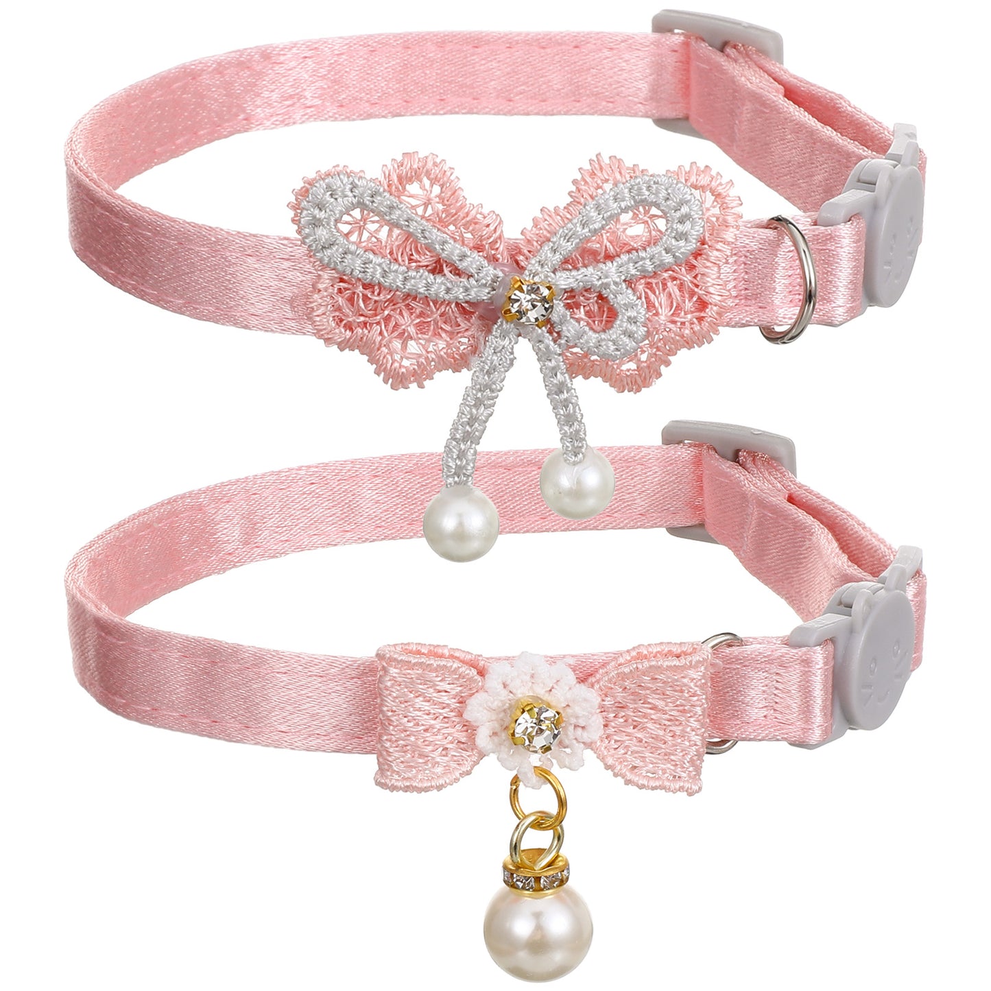 2Pcs Pink Cat Collar Breakaway, Adjustable Cute Cat Collar with Pearl Pendant, Girl Cats Collars with Safety Buckle Pink Bowtie Kitten Collars for Girl Cats