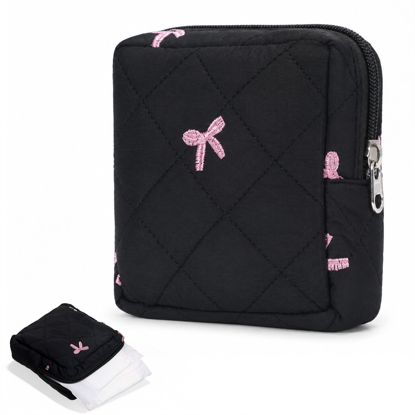 Portable Period Bags for Teen Girls, Sanitary Napkin Storage Bag Cute Bow Quilted Tie Period Bag Reusable Menstrual Pad Bags with Zipper Tampon Storage Pouch First Gifts for Women(Black)