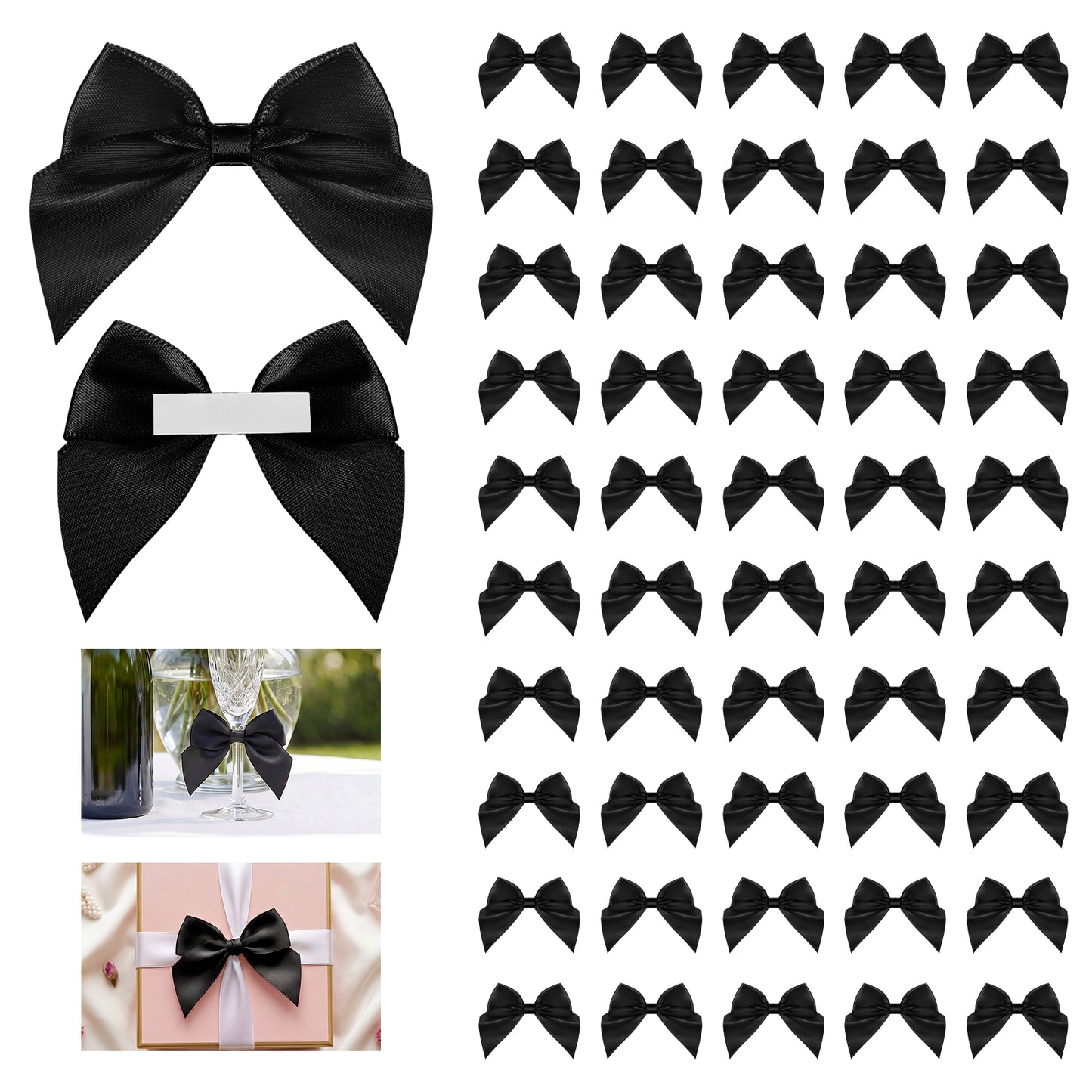 50 Pack Satin Ribbon Bows Mini Bow for Crafts Self Adhesive Premade Bow for Gift Wrapping Treat Bags Party Favors Wedding Christmas Birthday Decorations (Black)